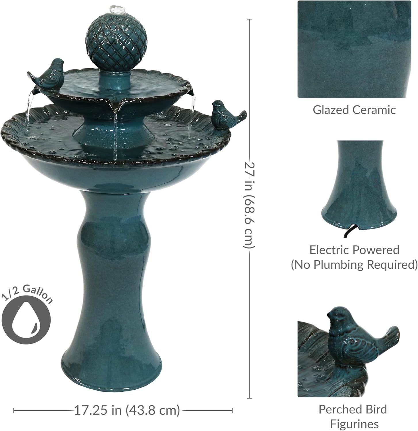 Sunnydaz 27inc 2-Tie Cerami Wate Fountai Outdoo Wate Featur fo Patio Yard Balcon Garde Fountai Blue