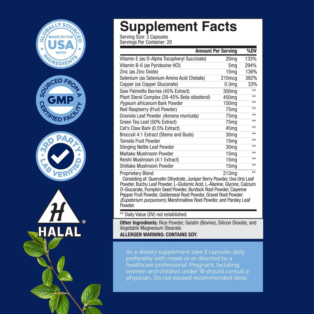 Herbal Saw Palmetto Male Supplement - Potent Pygeum and Saw Palmetto Extract with Beta Sitosterol & Green Tea Supplements for Adult Males for Urinary Tract Support & Frequent Urination - 60 Capsules
