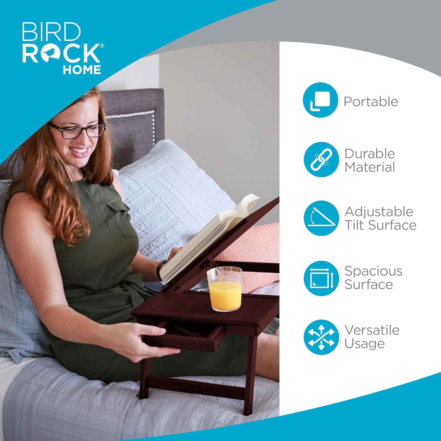 BIRDROCK HOME Bamboo Laptop Bed Tray with Adjustable Tilt Surface | Foldable Legs Pullout Storage Drawer | Wooden Lap Desk for Work, Reading, or Eating | Fits Laptops Up to 15inch | Walnut Finish