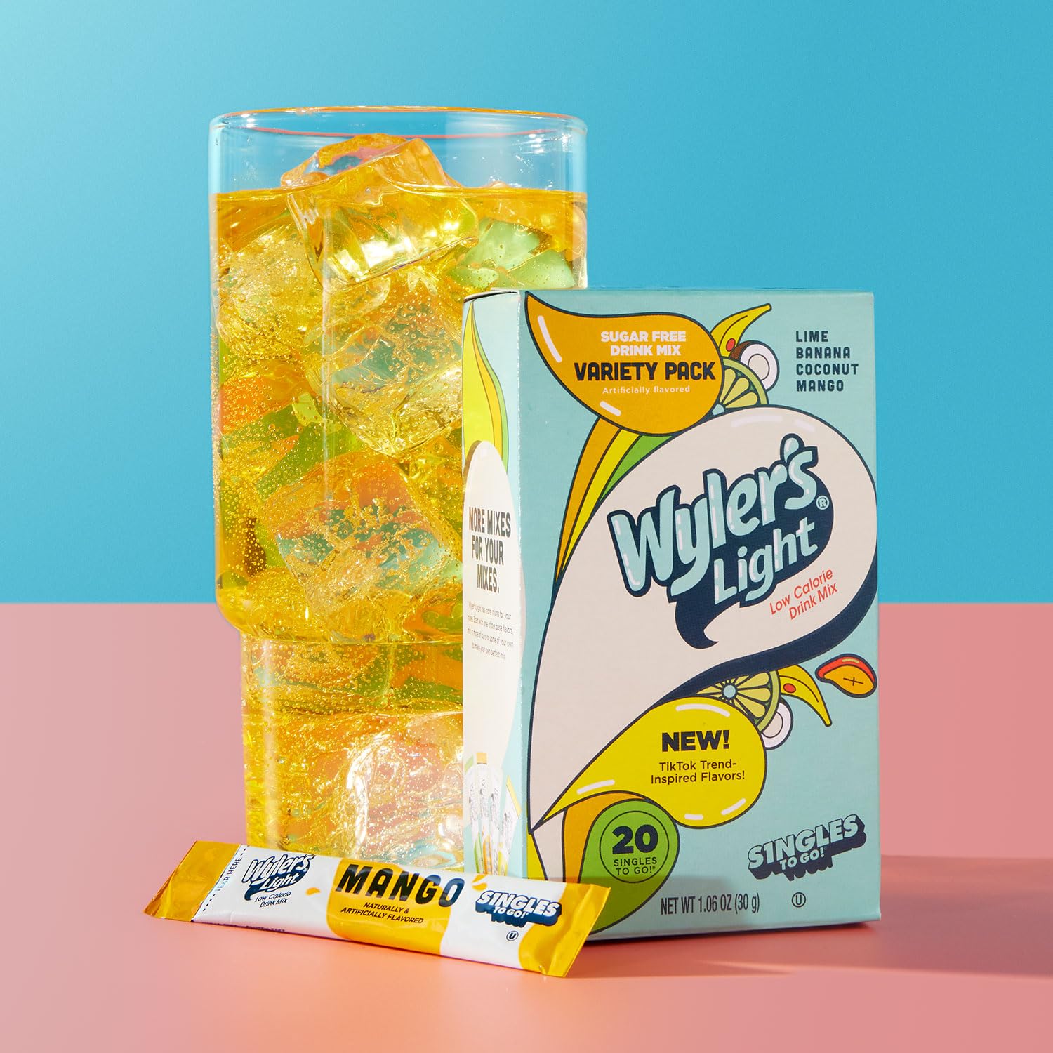 Wyler' Ligh Single t G Powde Packets Wate Drin Mix Variet Pack Lime Banana Coconut Mango Waterto Bas Flavors Suga Caffein Free On-The-Go 2 Coun (Pac 1)