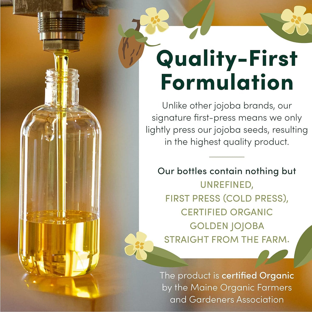 HobaCare Unrefined Organic Jojoba Oil for Skin Care, Hair, Beard, Scalp Massage - 100% Pure Carrier Oil for Perfume or Soap Making - Natural, Vegan, Cruelty-Free, Hexane-Free, Long Shelf Life (32 oz)