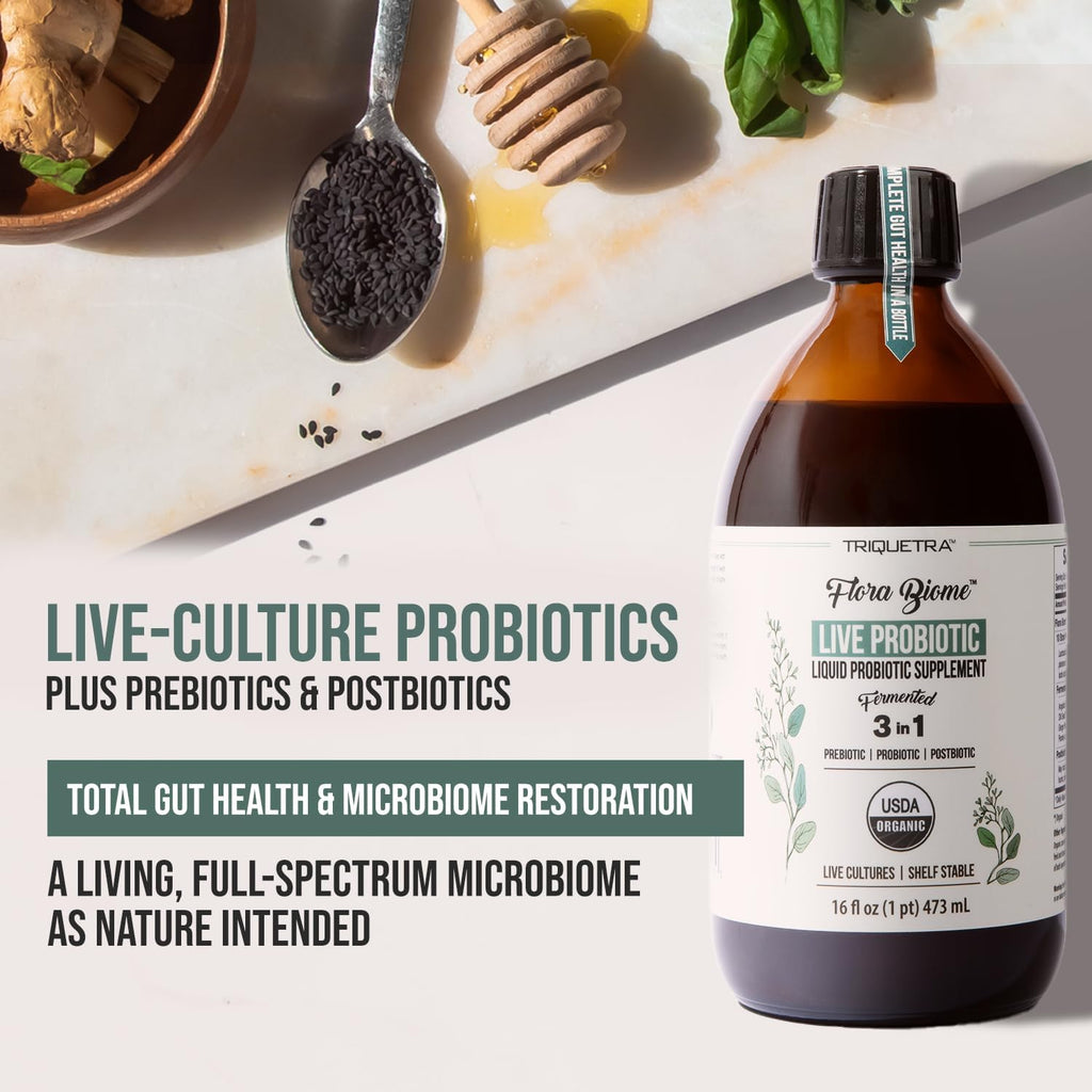 Flora Biome - Live Probiotic, Prebiotic, & Postbiotic ¨C Organic Live-Culture ¨C 10 Probiotic Strains, 18 Fermented Herbs - Complete Gut Health & Microbiome Optimizer (16 oz)