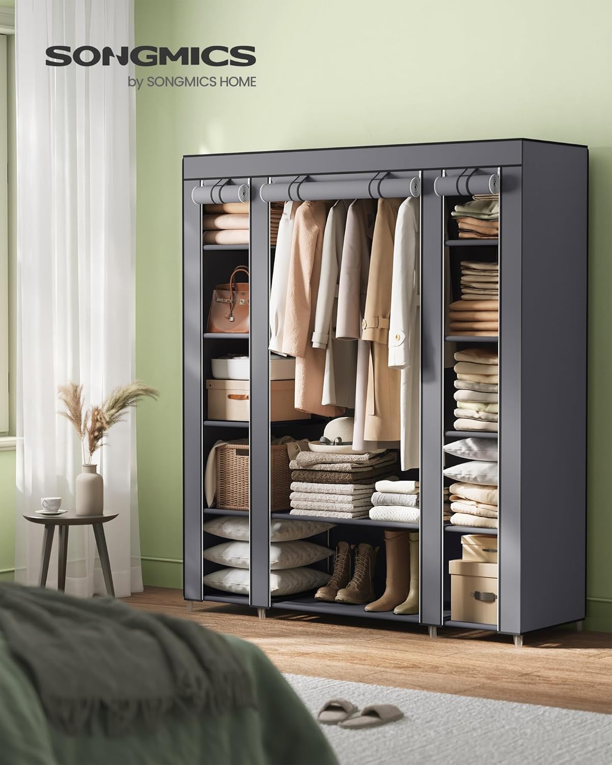 Closet Wardrobe, Portable Closet for Bedroom, Clothes Rail with Non-Woven Fabric Cover, Clothes Storage Organizer, 59 x 17.7 x 69 Inches, 12 Compartments, Gray ULSF03G