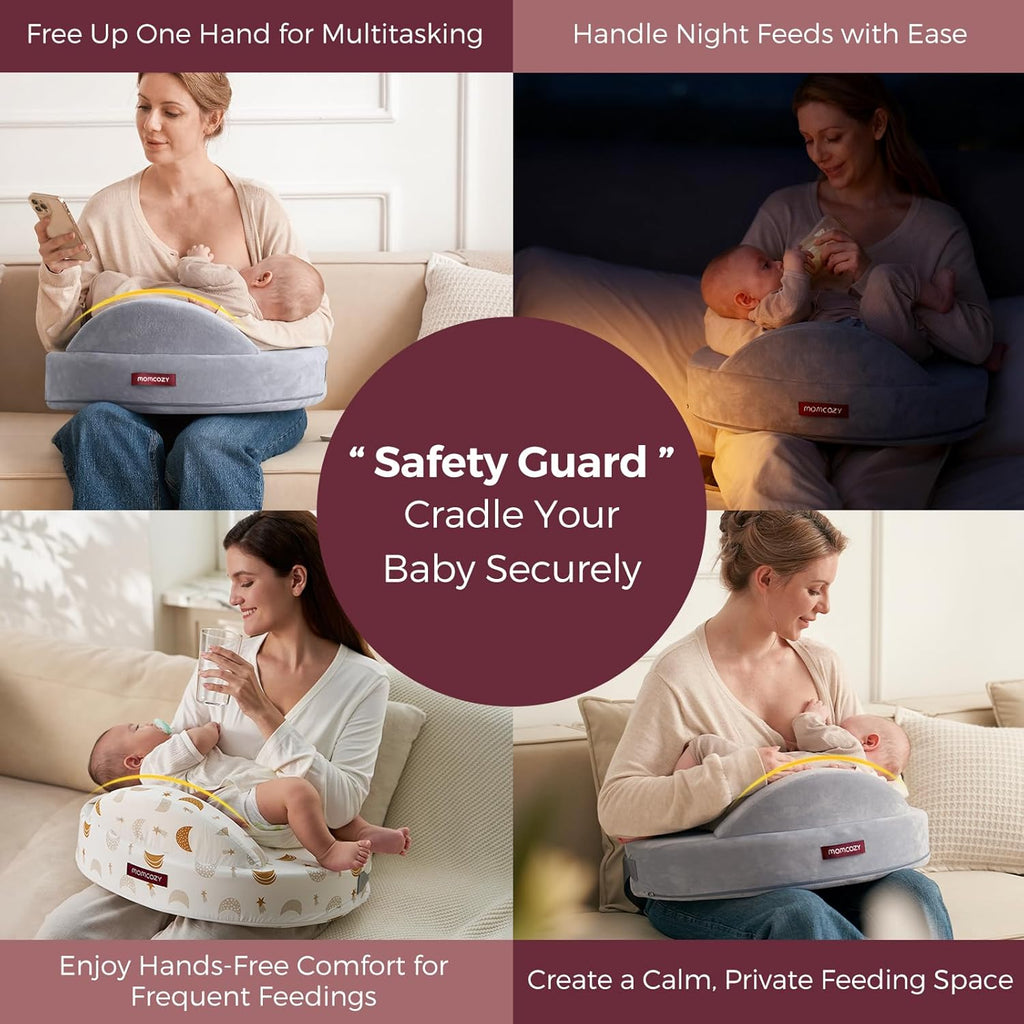 Momcozy Innovative Safety Fence Nursing Pillow - Firm Springy Memory Foam - Stable, Ergonomic Support Comfort - Wider Breastfeeding Cushion, Adjustable, Removable Cover, Baby Safety Certified