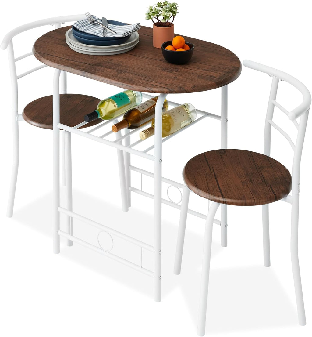 Best Choice Products 3-Piece Wooden Round Table Chair Set for Kitchen, Dining Room, Compact Space w/Steel Frame, Built-in Wine Rack - White/Brown