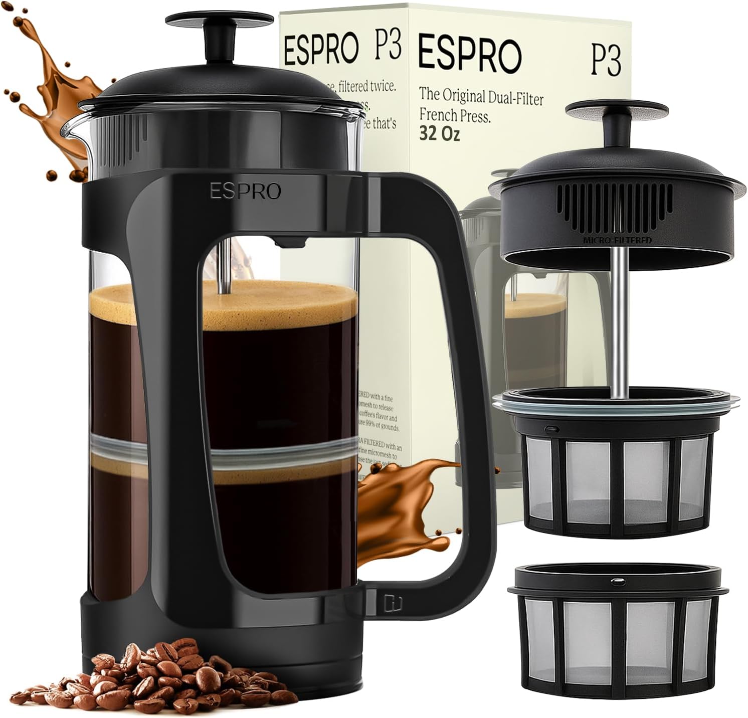ESPRO P3 French Press Coffee Maker ¨C Patented Double Micro-Filter for Grit-Free Brew, Heat Resistant thicker Borosilicate Glass Coffee press ¨C (32 oz)