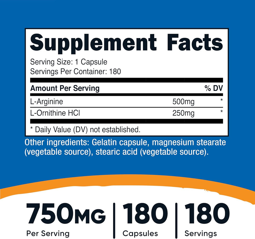 Nutricost L-Arginine L-Ornithine 750mg; 180 Capsules