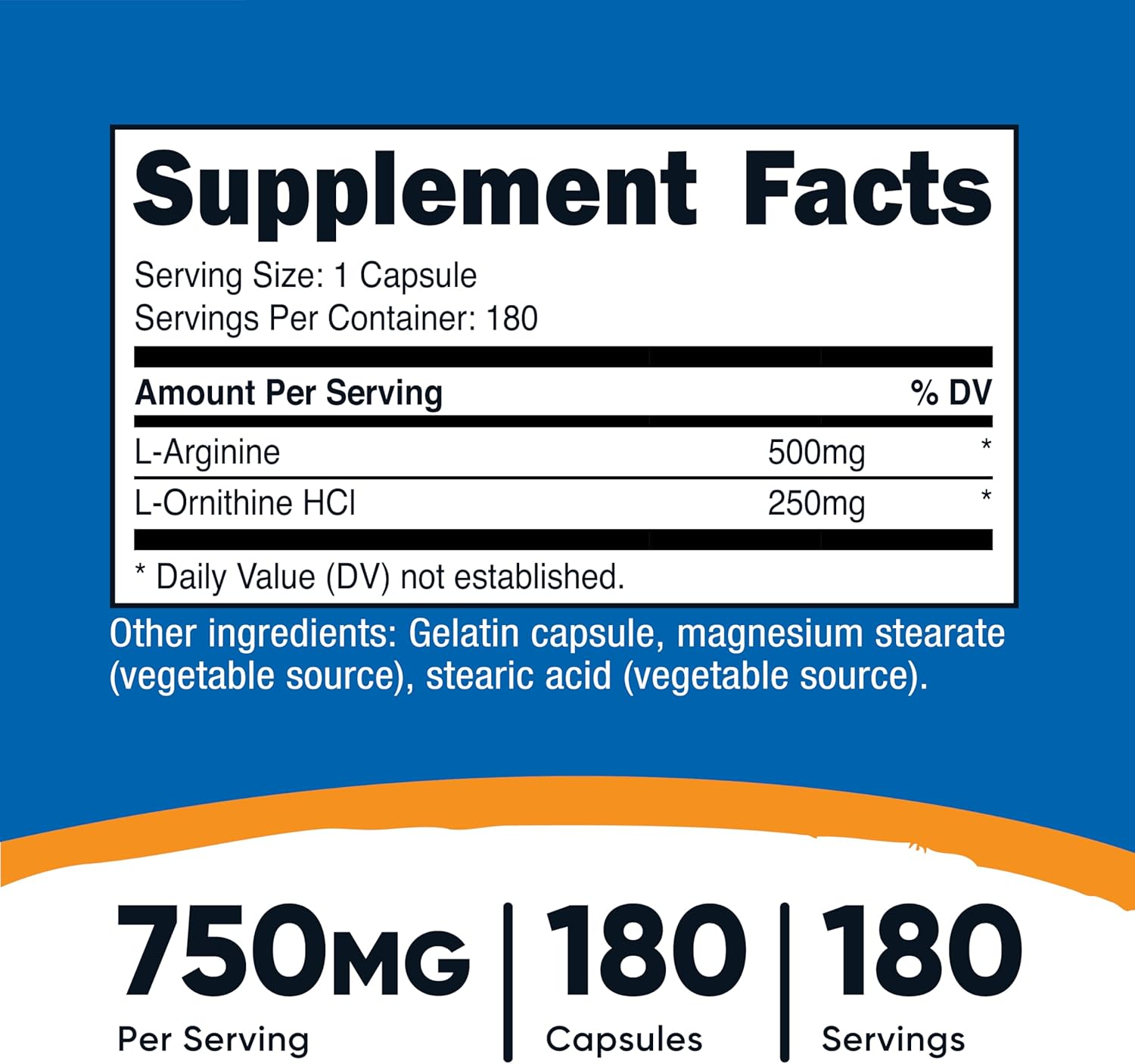Nutricost L-Arginine L-Ornithine 750mg; 180 Capsules
