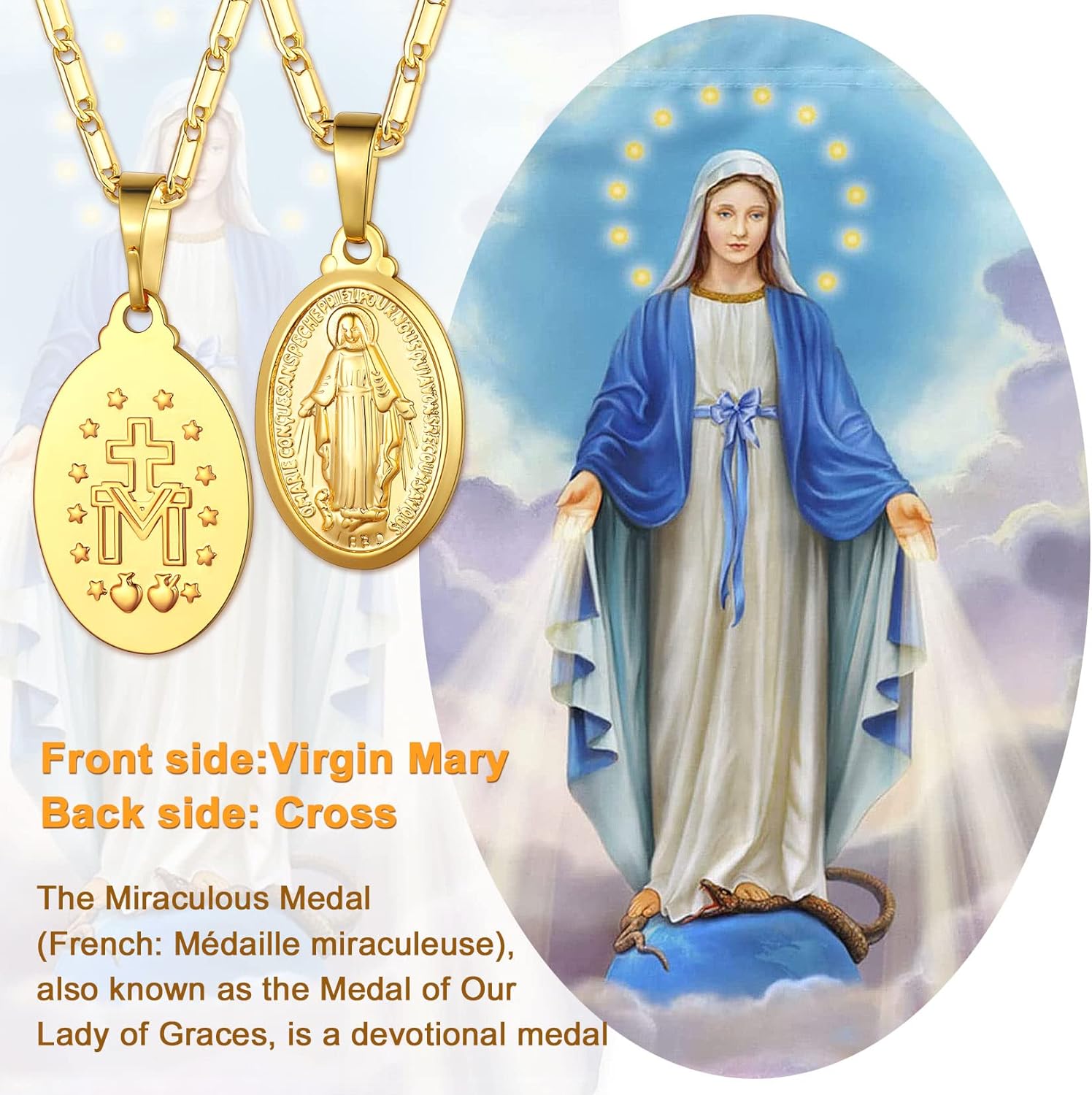U7 Saint Benedict/Michael Medal Necklace, 316L Stainless Steel Virgin Mary Necklace for Men Women, Bible Verse Protection Necklace Catholic Jewelry,22inch-24inch Adjustable