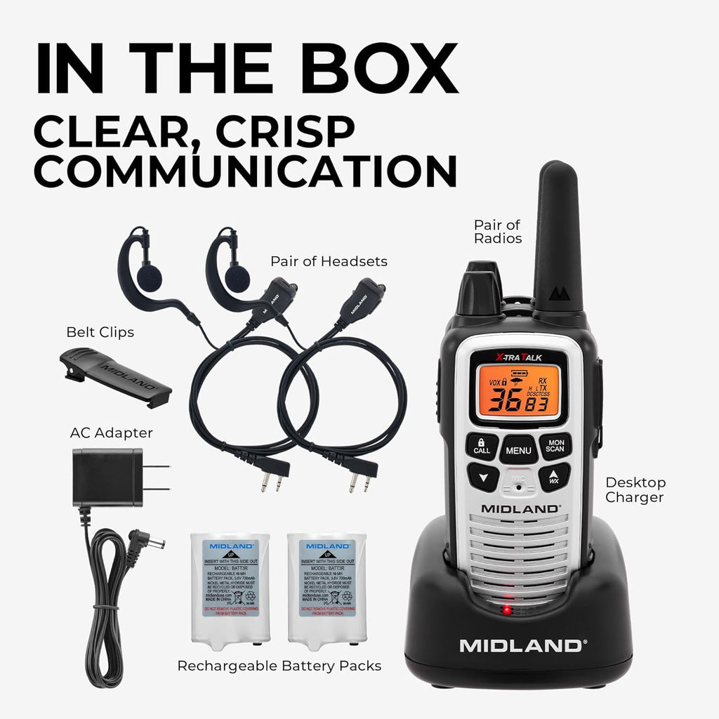 Midland LXT600VP4 FRS Business Walkie Talkies - Long Range 36-Channel Two-Way Radios with Headsets and Charging Base, NOAA Weather Alerts (2-Pack, Gray)