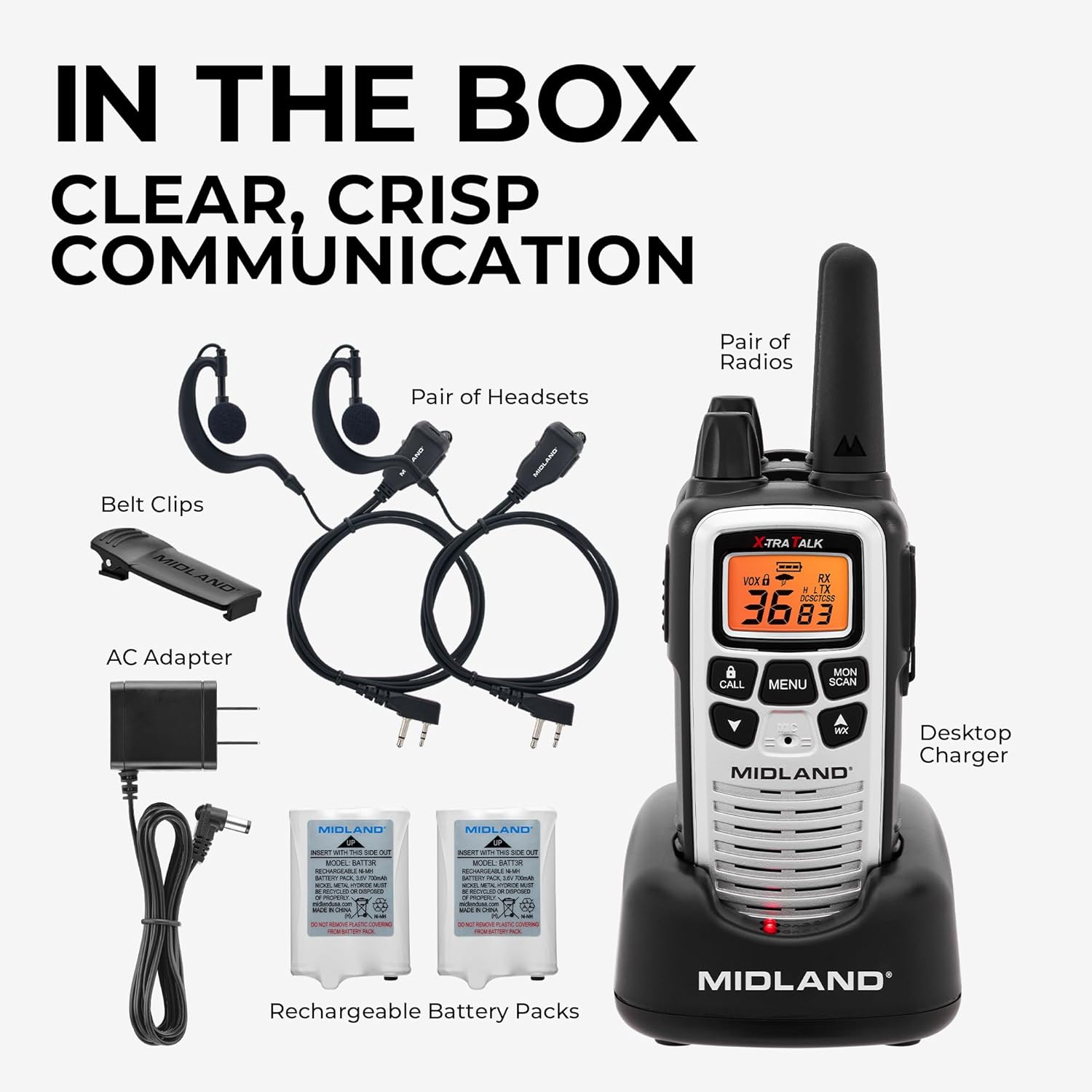 Midland LXT600VP4 FRS Business Walkie Talkies - Long Range 36-Channel Two-Way Radios with Headsets and Charging Base, NOAA Weather Alerts (2-Pack, Gray)