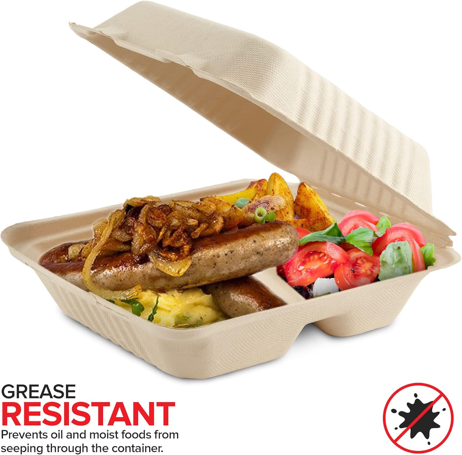 Clamshell Take Out Food Containers 8 x 8 (50 Pack) 3-Compartment, Disposable To Go Container, Togo Boxes With Lids, Trays for Lunch, Dinner, Meal-Prep, Eco Friendly, Compostable, Biodegradable