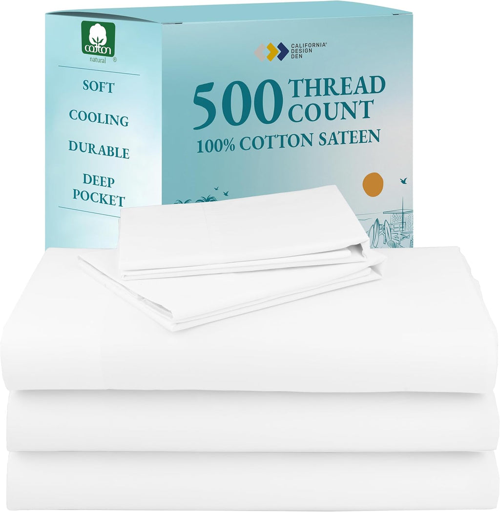 California Design Den Split King Size Sheet Set - 100% Cotton, 500 Thread Count Sateen, Cooling Deep Pocket Bedding for Adjustable Bed, Includes Twin-XL Fitted Elastic Sheets Pillowcases - White