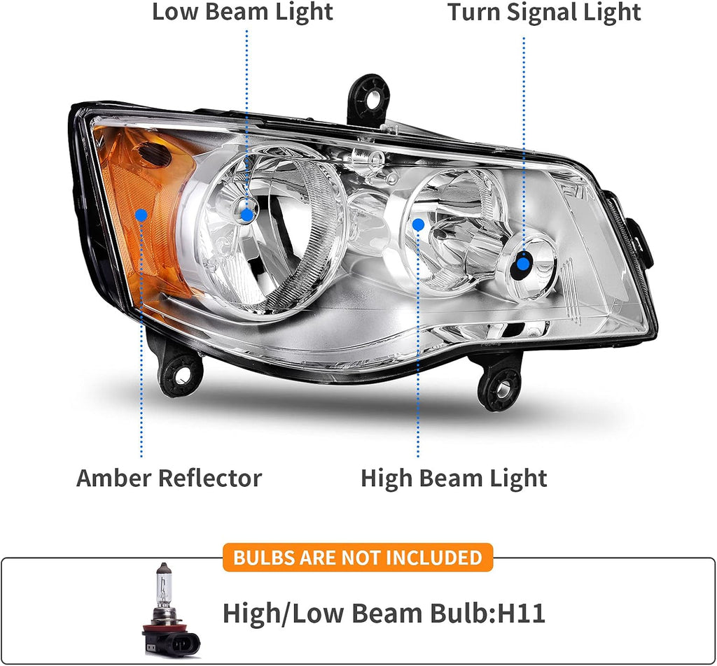DWVO Headlights Assembly Compatible with 2011-2020 Dodge Grand Caravan 2008-2016 Chrysler Town & Country Headlamp Replacement Pair Driver and Passenger Side