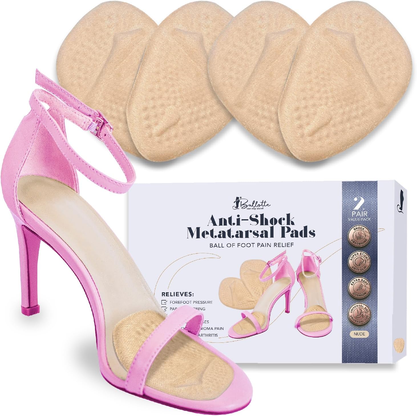 Ballotte Metatarsal Pads for Women Silicone Gel Foot Cushions for High Heels Ball of Foot Pain Relief Non-Slip Shoe Pads for Shock Absorption & All-Day Wear Prevention of Feet Fatigue (Nude 4 Pack)