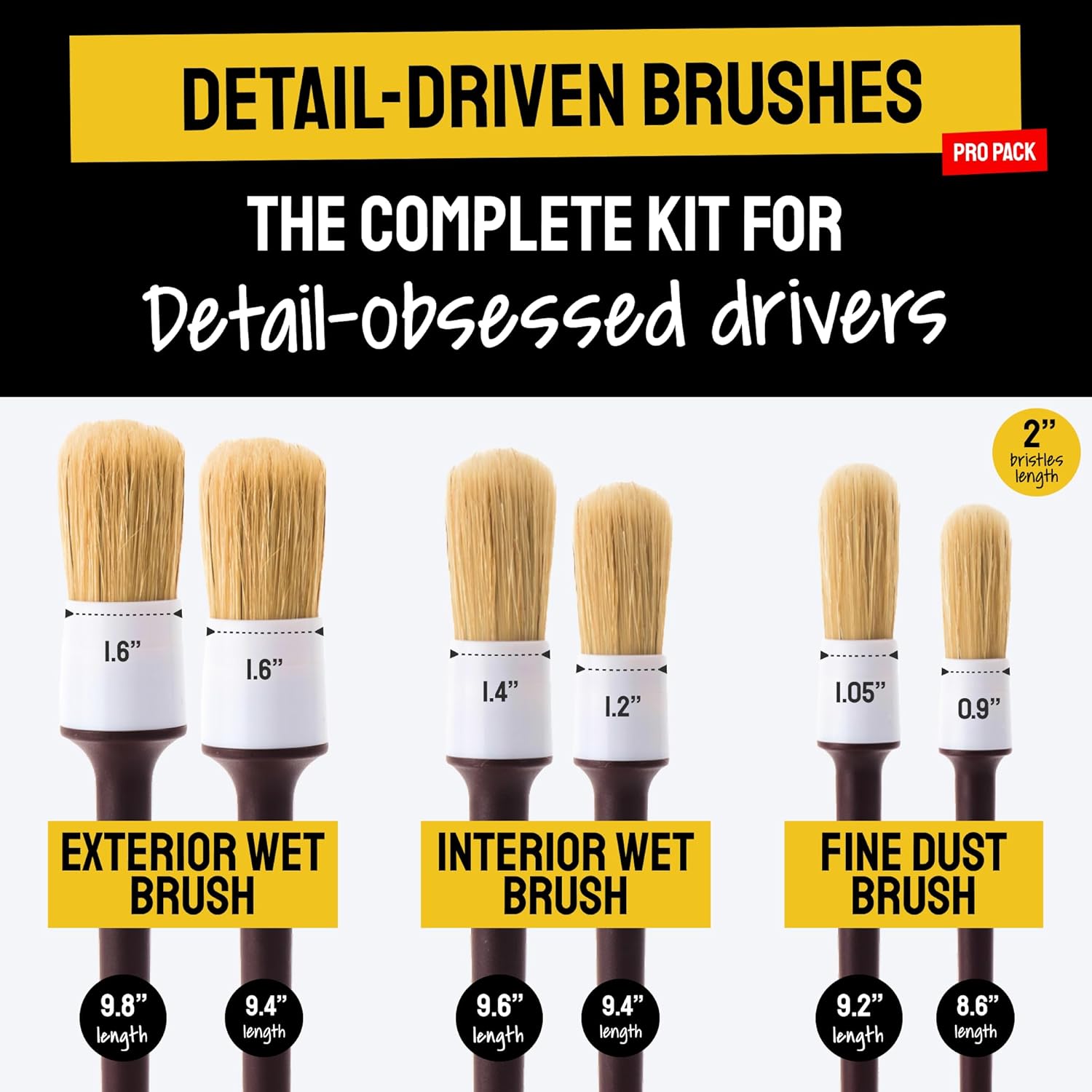 Soft Boar Hair Car Detailing Brush Set - 6-Pack - Scratch-Free Soft Bristle Cleaning Brushes - Reaches Tight Spots Interior Car Cleaning Kit - Ergonomic Durable Detailing Supplies