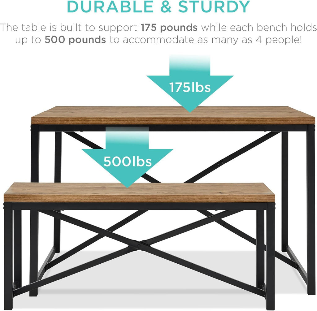 Best Choice Products 45.5in 3-Piece Bench Style Dining Furniture Set, 4-Person Space-Saving Dinette for Kitchen, Dining Room w/ 2 Benches, Table - Light Brown/Black