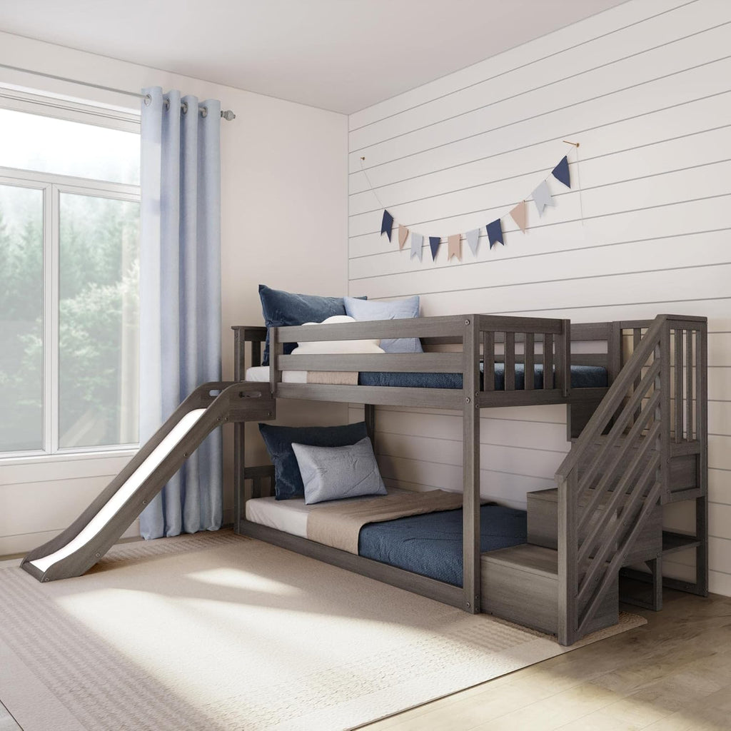 Max & Lily Solid Wood Twin over Twin Size Low Bunk Beds for Kids with Slide and Stairs, 400 lbs Weight Capacity, 14inch Safety Guardrail, Anti-Slip Steps, Clay