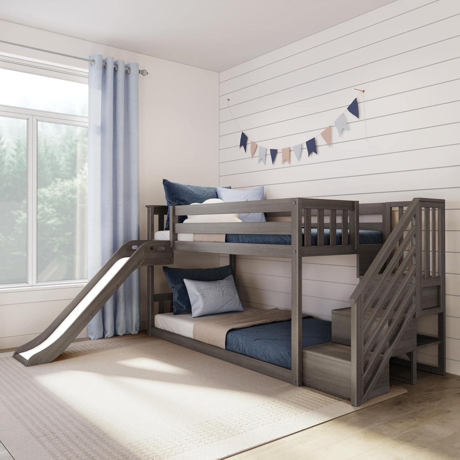 Max & Lily Solid Wood Twin over Twin Size Low Bunk Beds for Kids with Slide and Stairs, 400 lbs Weight Capacity, 14inch Safety Guardrail, Anti-Slip Steps, Clay
