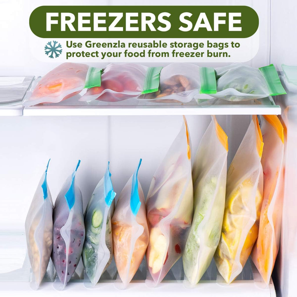 Greenzla Reusable Food Storage Bags - 12 Pack BPA-Free, Extra Thick, Leakproof Freezer Lunch Carriers; 4 Gallon, Sandwich Snack Options - Reusable Lunch Bags