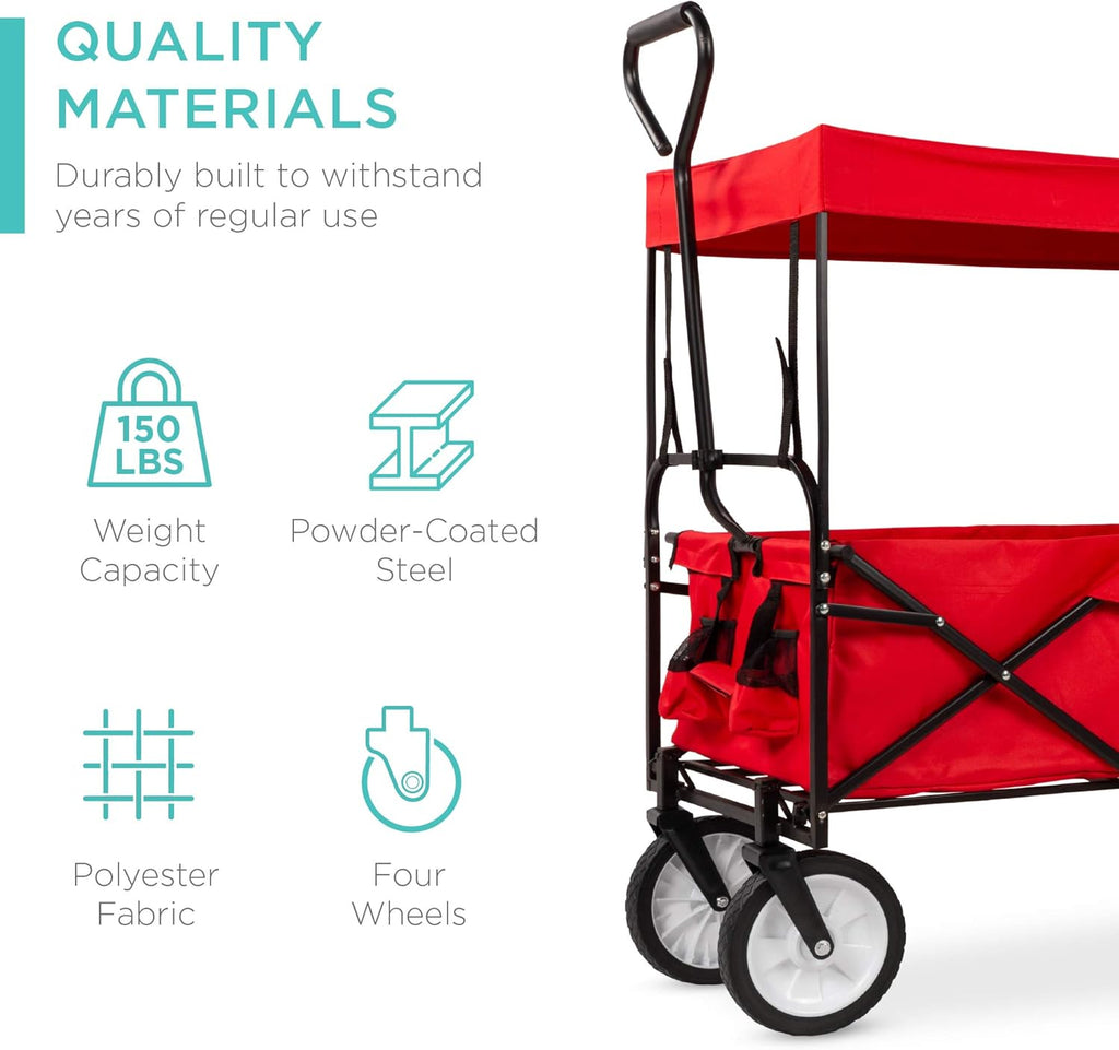 Best Choice Products Collapsible Folding Outdoor Utility Wagon with Canopy Garden Cart for Beach, Picnic, Camping, Tailgates w/Removable Canopy, Detachable Pockets, 150lb Weight Capacity - Red