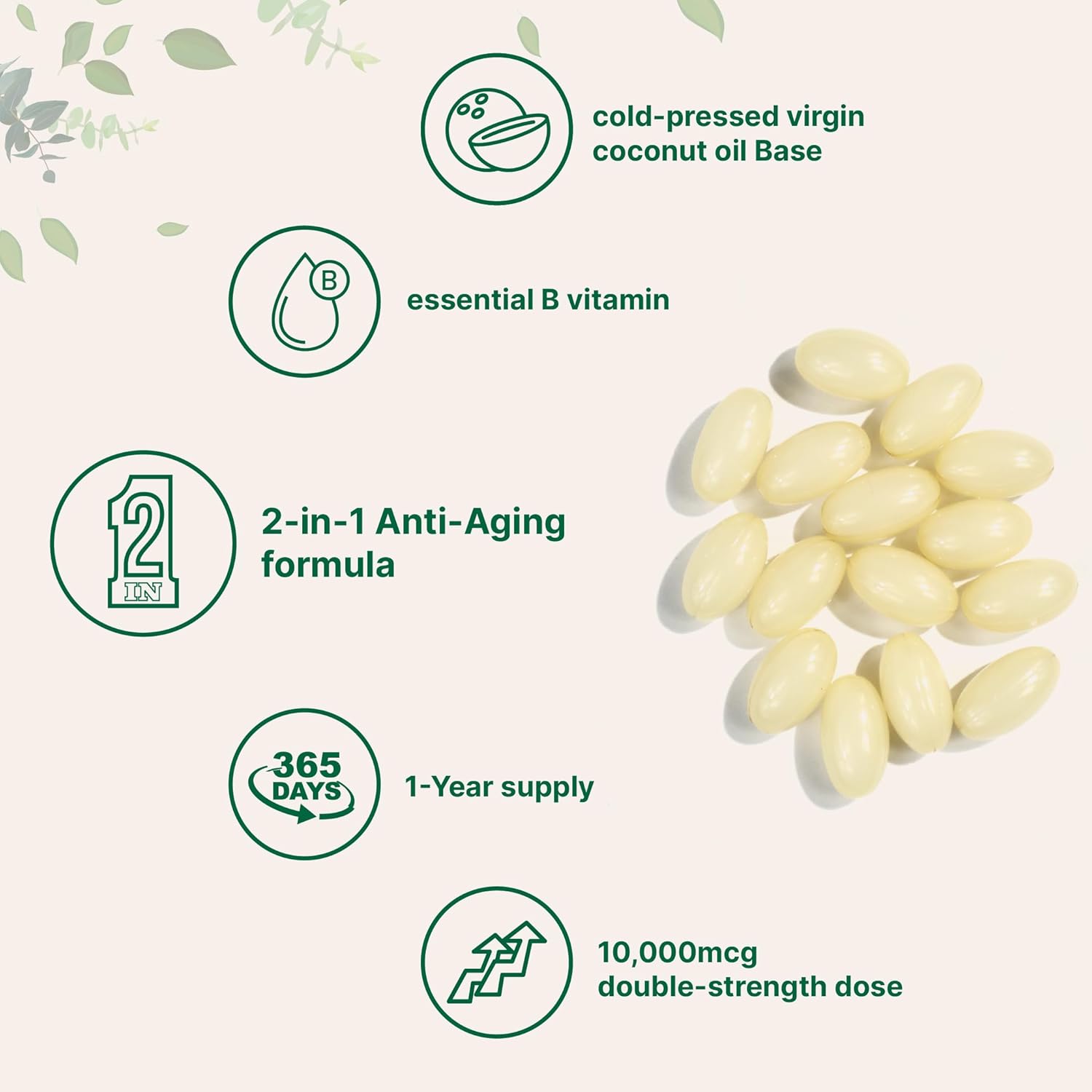 Micr Ingredient Bioti 10,000mc w/Hyaluroni Aci 25m 36 Virgi Coconu Oi Softgels Fas Release On Yea Supply Support Health Hair Ski Nails Non-GM N Gluten