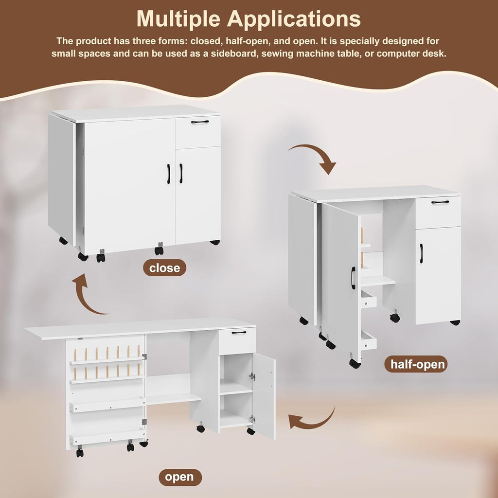 GarveeHom Larg Foldin Sewin Table Multipurpos Craf Tabl wit Storage Craf Car wit Slidin Drawer Sewin Cabine wit Storag Shelves