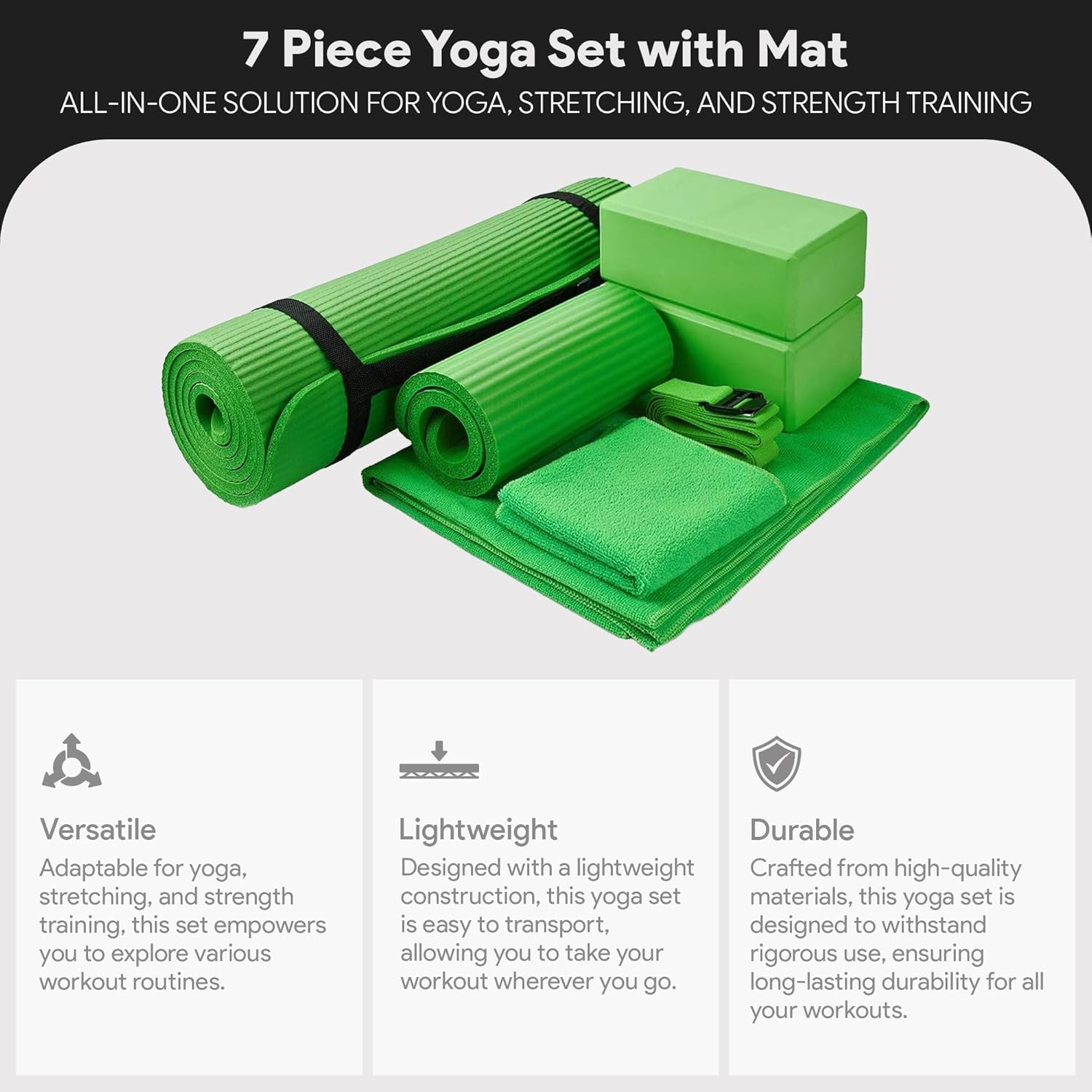 BalanceFrom 7-Piece Yoga Set with 71x24x0.5 Inches Extra Thick Mat and Carrying Sling ¨C Includes 2 Blocks, Stretch Strap, 2 Towels, and Knee Pad for Home, Studio, and Gym Workouts