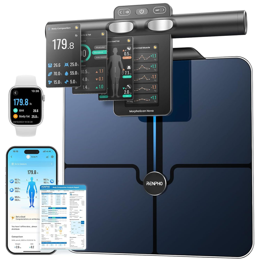 RENPH Smar Scal fo Bod Weight 8-Electrod Bod Compositio Scal wit BMI Bod Fat Muscl Mass Rechargeabl Bod Fa Scal wit Full-Colo TF LC o Handle MorphoSca Nova