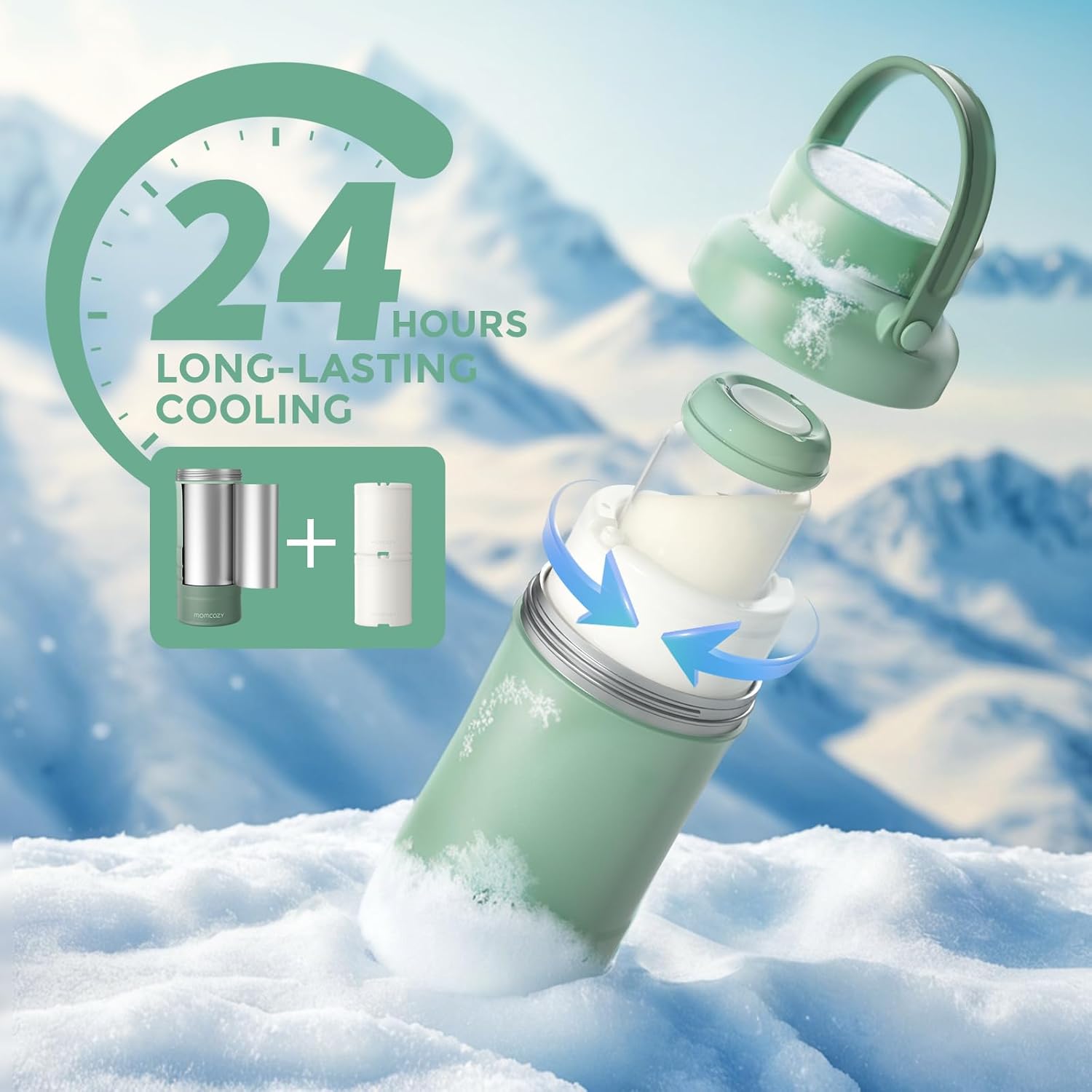 Momcozy 22oz Portable Breast Milk Cooler for Outdoor, Life Saver with 360¡ã Total Cooling for 24 Hours, Larger Capacity Travel Breastmilk Chiller with 2pcs Baby Bottles for Breastmilk Storage, Green