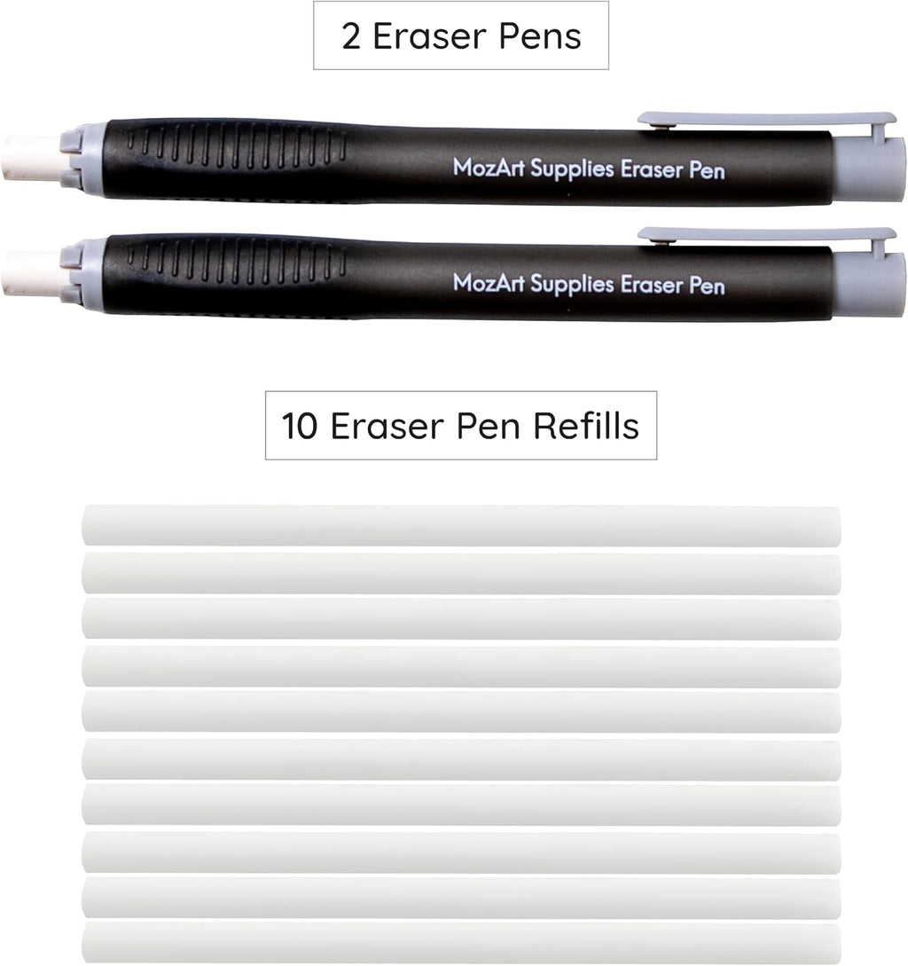 MozArt Supplies 2 Eraser Pen with 10 Jumbo Eraser Pen Refills Set, Easy to Use for Mechanical Pencil - For Sketch, Architecture, Drafting, Art, Drawing Supplies