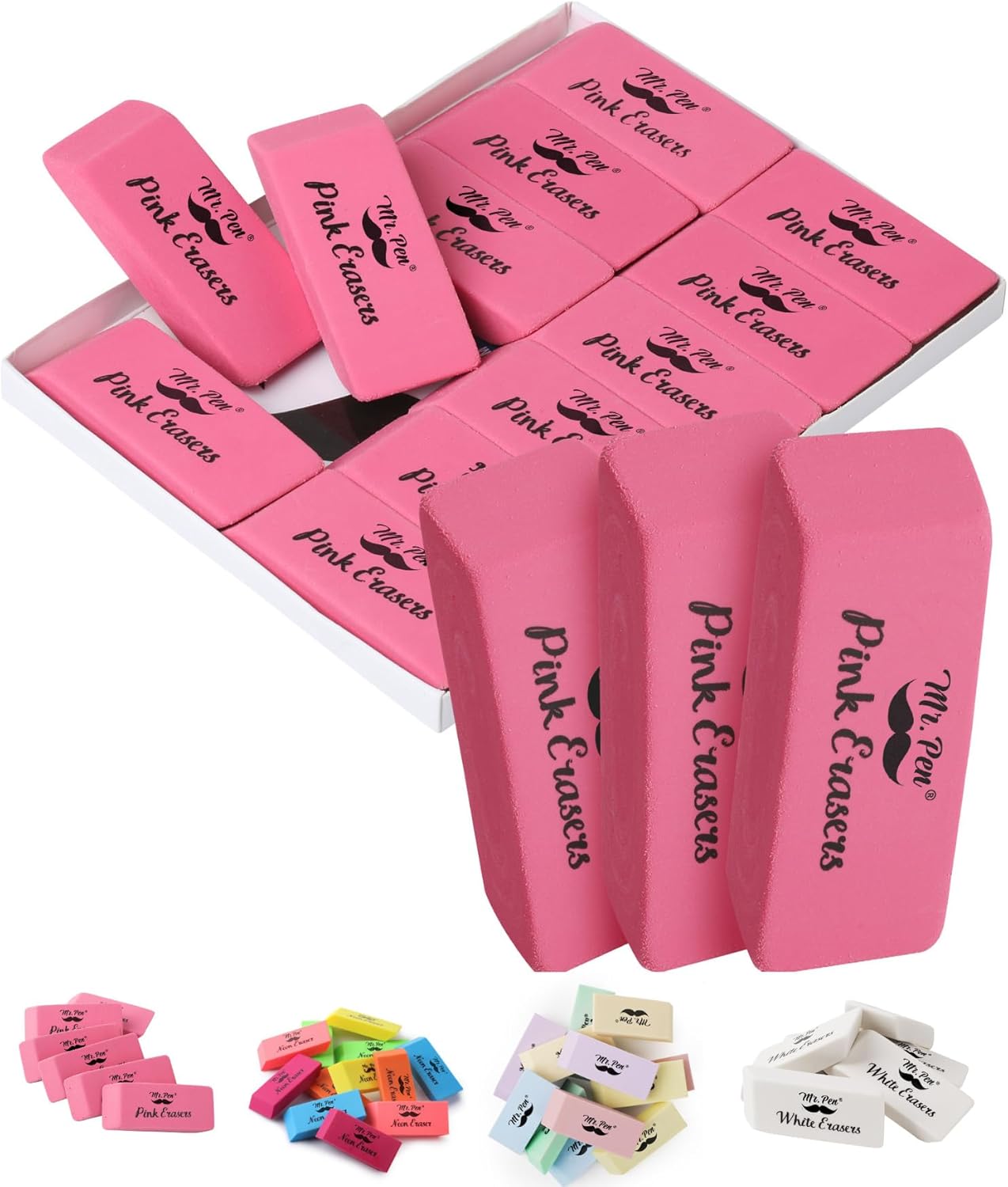 Pink Pencil Erasers, Large, Pack of 12