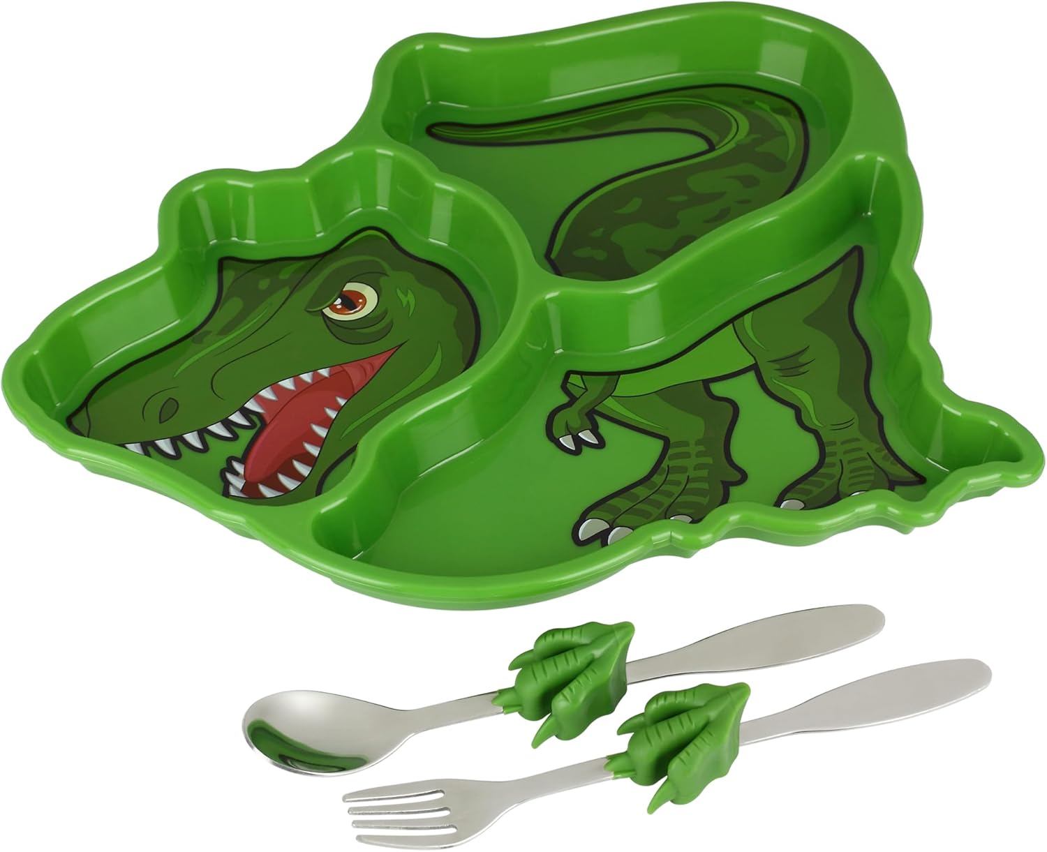 KidsFunware T-Re Dinosau M Tim Mea Set Portio Contro Divide Plat wit For an Spoo fo Kids