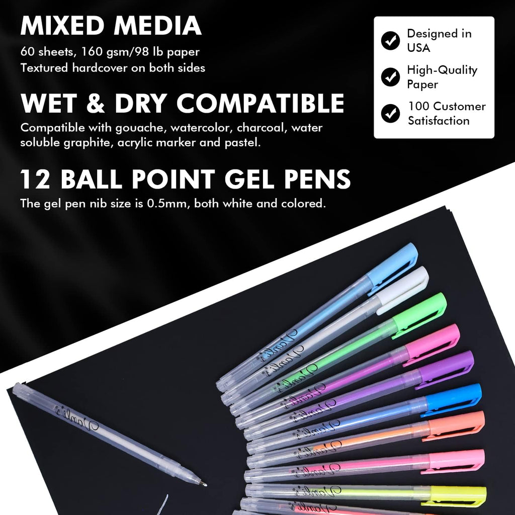 Vanli' Hardcove Blac Pape Sketchboo 1 Pac Bal Poin Ge Pen Se  Whit 1 Colorfu Pen fo Drawing Sketching Journaling 9inc 12inc Spira Bound Aci Fre Blac Ar Paper