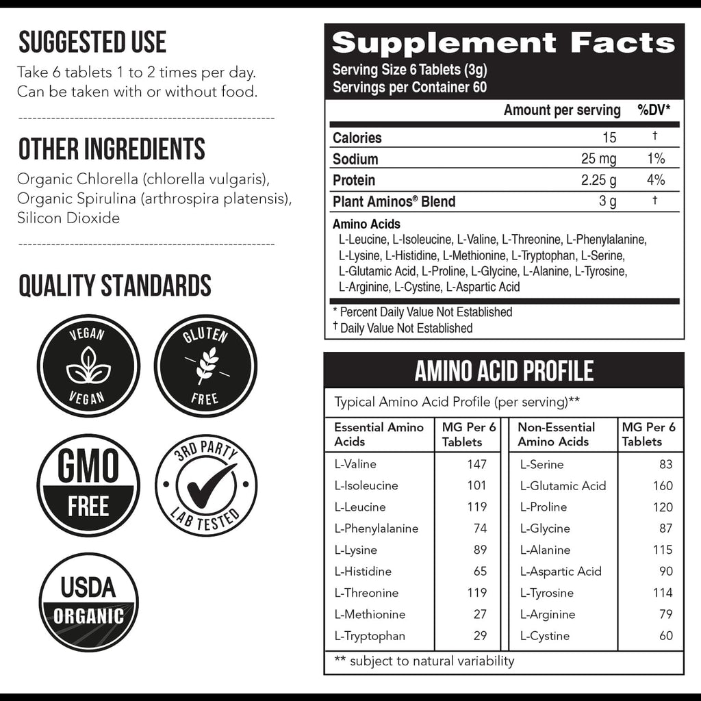 Plan Amino Organi Essentia Amin Aci Supplemen (EAAs BCA 100 Plant-Base Raw Vega Al Essentia Amin Acid wit 1 Tota Amin Acid (36 Tablets)