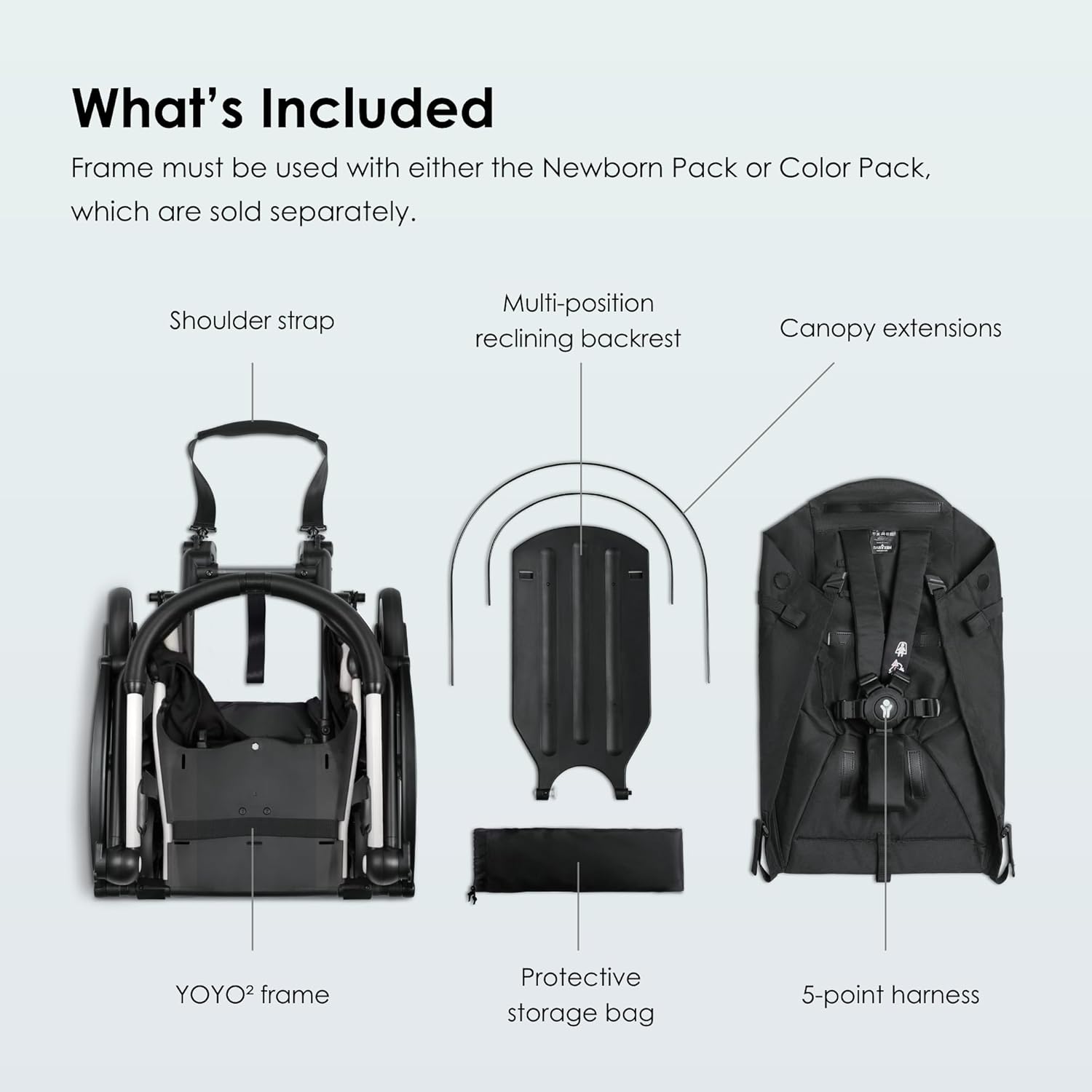 YOYO Strolle Frame Whit Include 5-Poin Harness Multi-Positio Reclinin Backrest Canop Extensions Padde Shoulde Stra Protectiv Storag Bag