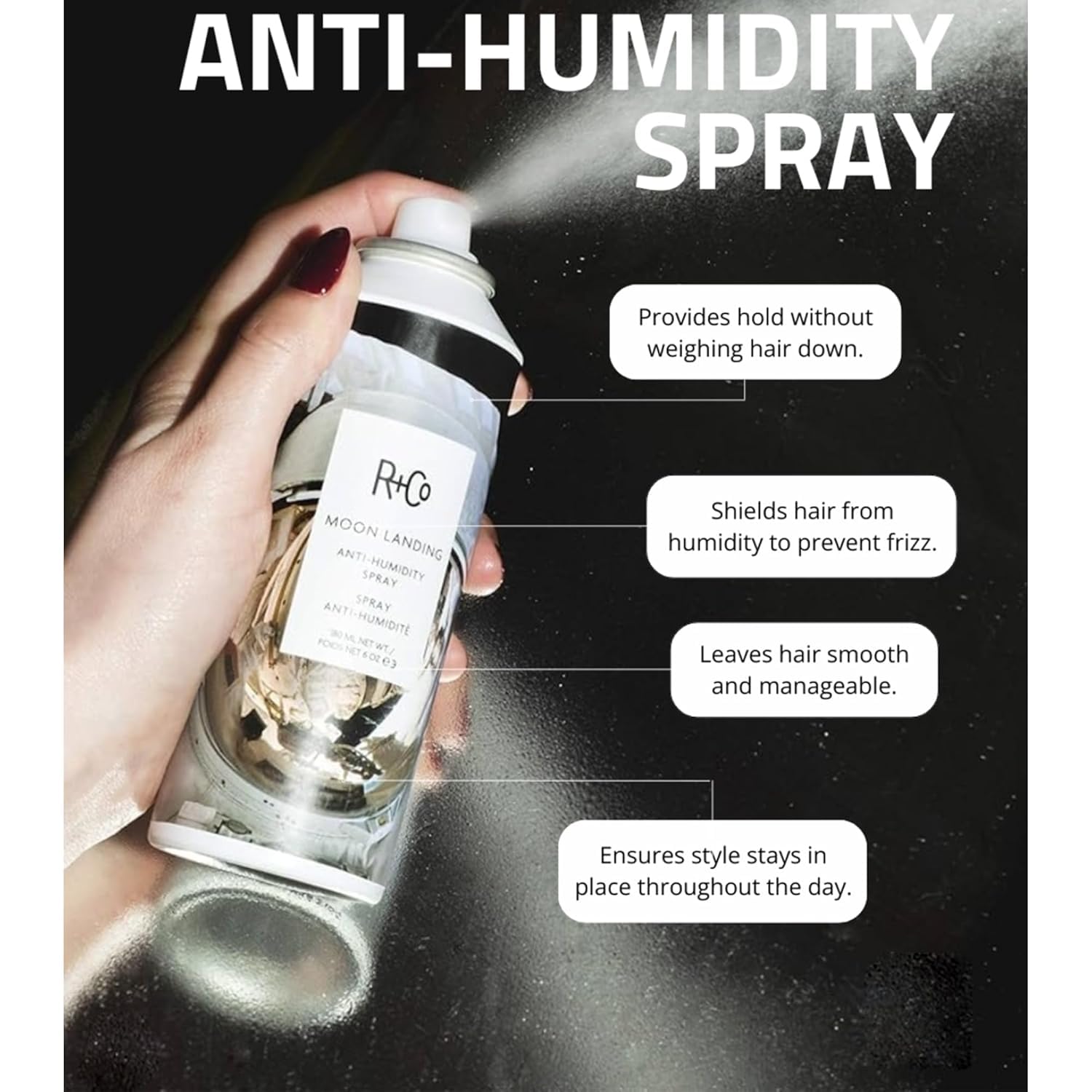 R&Co Moon Landing Anti-Humidity Spray - Frizz Control and Humidity Protection - Flexible Hold for Smooth Hair - Flyaway Tamer - Lightweight Shine Moisturizing Haircare Spray - 1.7oz (Pack of 2)