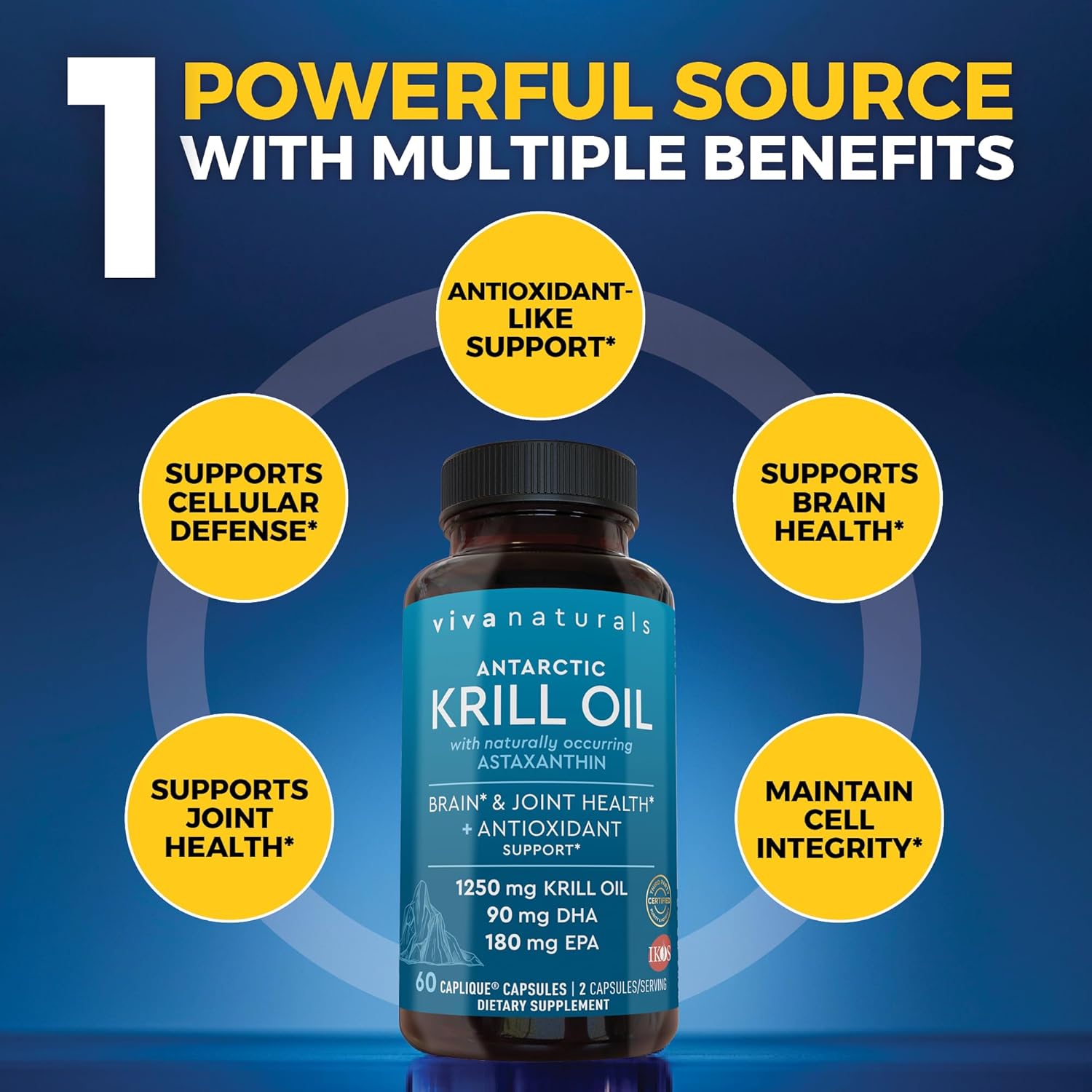 Viva Naturals Antarctic Krill Oil Omega 3 Supplements 1250 mg - DHA EPA Omega-3 Astaxanthin Concentration for Joint Health, No Fish Burp - 60 Krill Oil Capsules