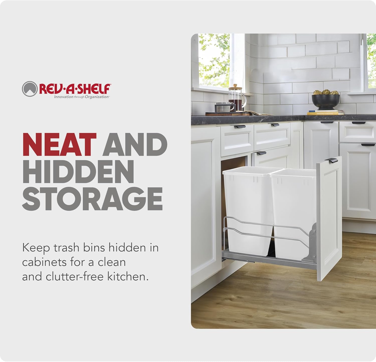 Rev-A-Shelf Double Trash Can Under Kitchen Cabinets Pullout, 35 Quart 8.75 Gallon with Soft-Close Slides, White, 53WC-1835SCDM-211