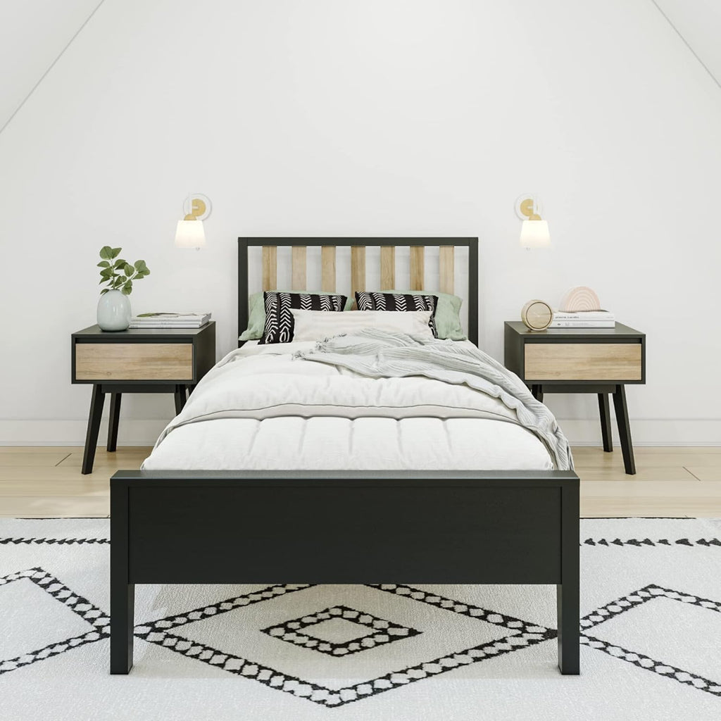 Max & Lily Twin Bed, Scandinavian Modern Bed for Kids, Solid Wood Twin Bed Frame with Slatted Headboard, No Box Spring Needed, Black/Blonde