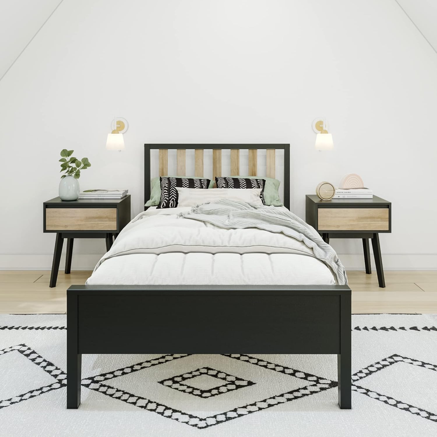 Max & Lily Twin Bed, Scandinavian Modern Bed for Kids, Solid Wood Twin Bed Frame with Slatted Headboard, No Box Spring Needed, Black/Blonde