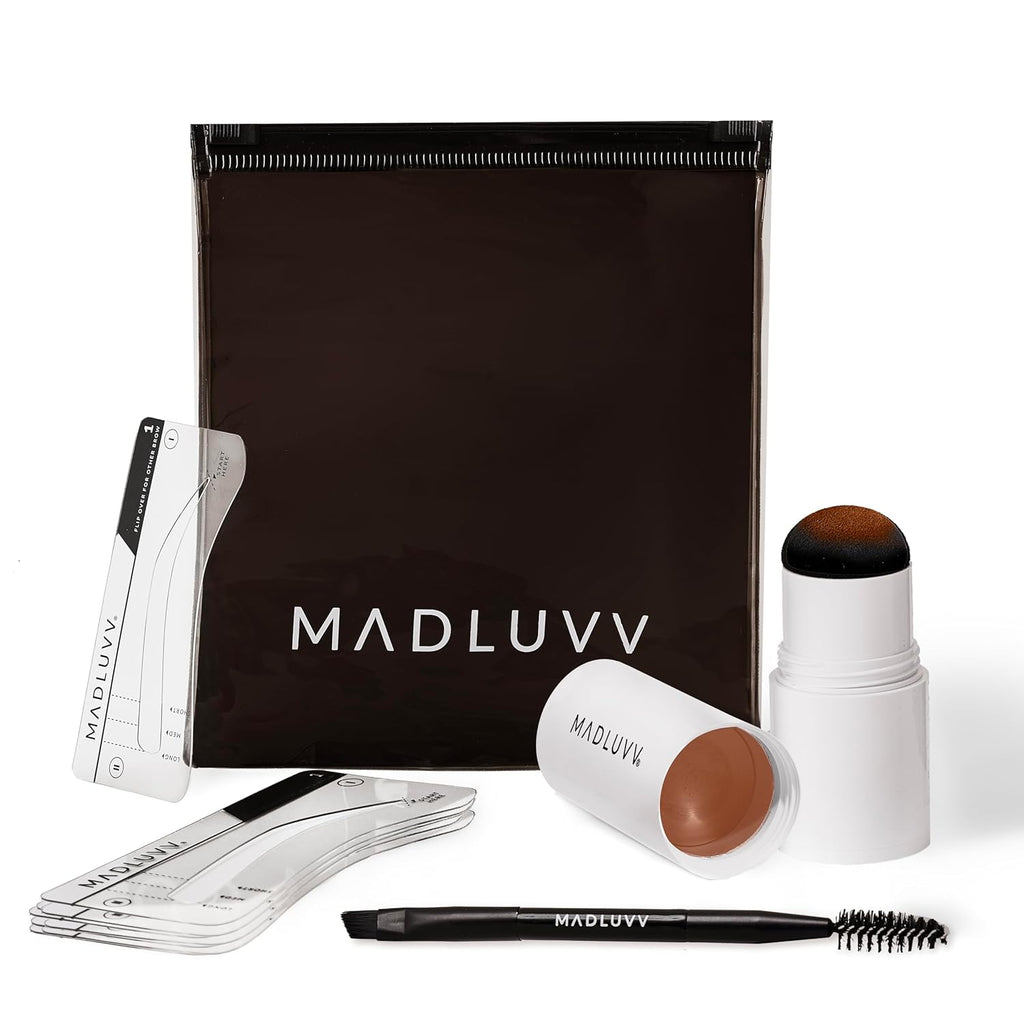 MADLUVV Brow Stamp Kit with Brow Stencils ¨C Easy Eyebrow Shaper for Natural-Looking Brows ¨C Popular Eyebrow Stencil Kit Used by Professionals ¨C 9 Shapes, Spoolie, Travel Bag & Stamp (True Red)