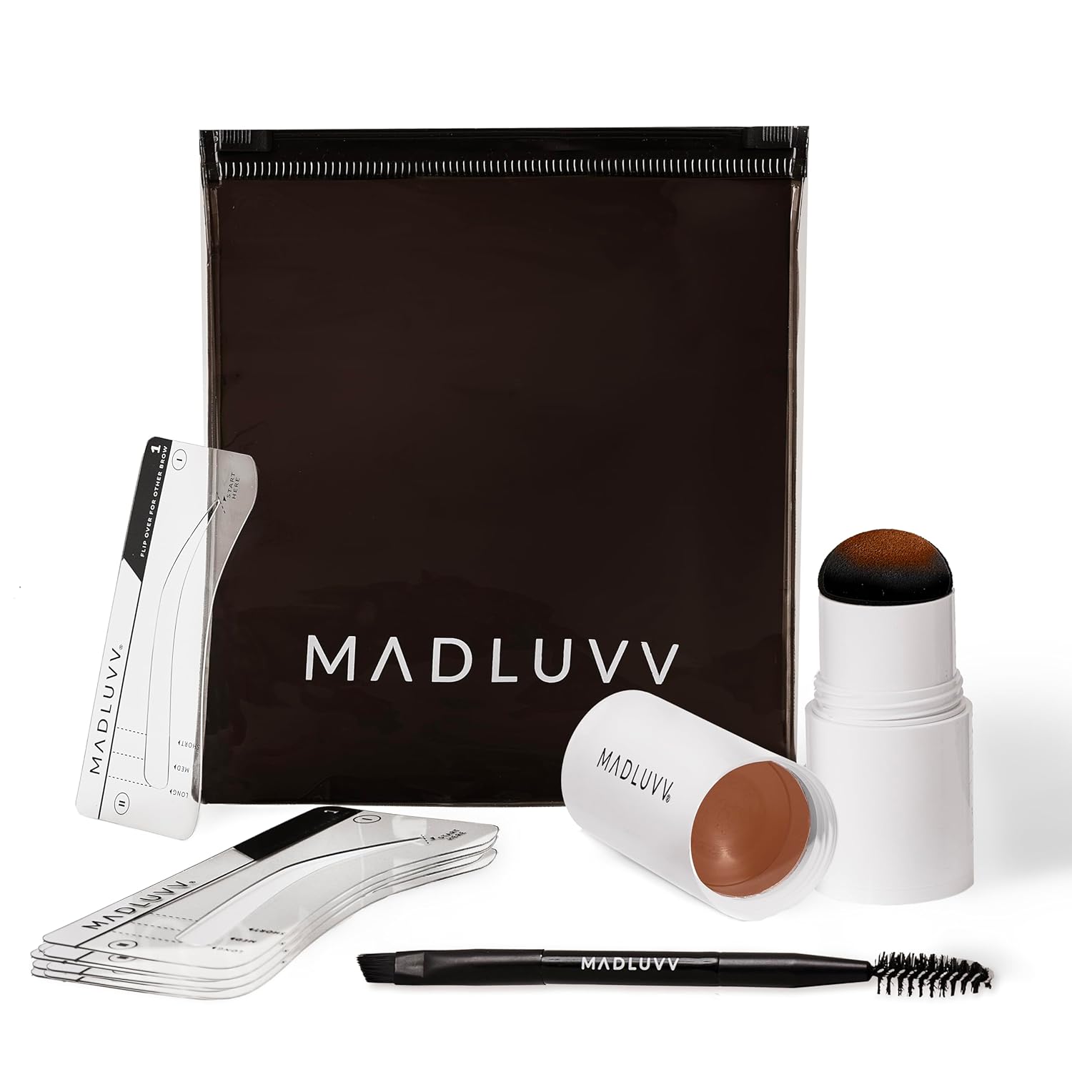 MADLUVV Brow Stamp Kit with Brow Stencils ¨C Easy Eyebrow Shaper for Natural-Looking Brows ¨C Popular Eyebrow Stencil Kit Used by Professionals ¨C 9 Shapes, Spoolie, Travel Bag & Stamp (True Red)