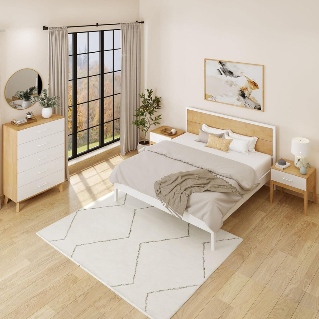 Plank+Bea Du Soli Woo Kin Be Fram wit Pane Headboard Moder Platfor Be wit Woo Sla Support N Bo Sprin Needed White/Birch