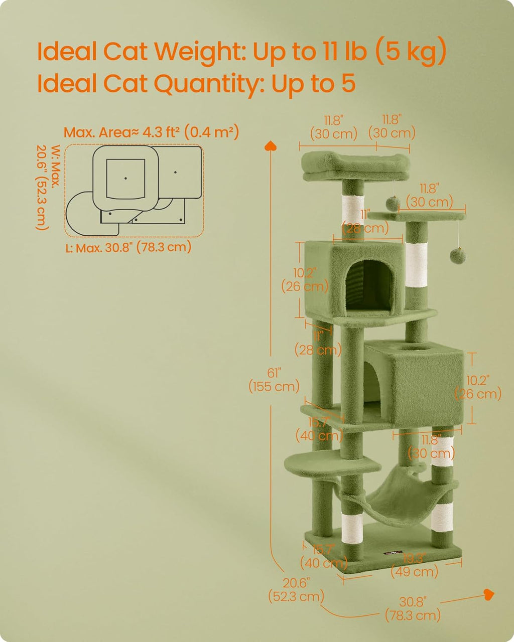 Cat Tree, 61-Inch Cat Tower for Indoor Cats, Plush Multi-Level Cat Condo with 5 Scratching Posts, 2 Perches, 2 Caves, Hammock, 2 Pompoms, Grass Green UPCT192C02