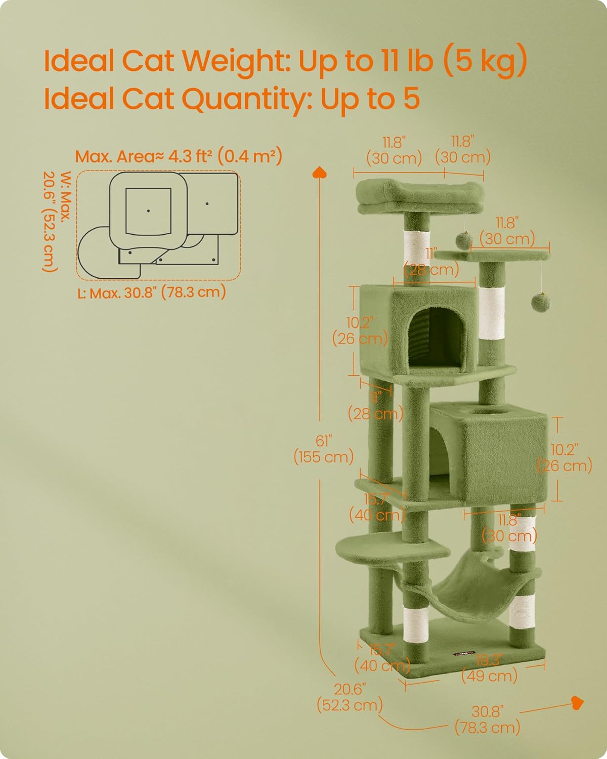 Cat Tree, 61-Inch Cat Tower for Indoor Cats, Plush Multi-Level Cat Condo with 5 Scratching Posts, 2 Perches, 2 Caves, Hammock, 2 Pompoms, Grass Green UPCT192C02