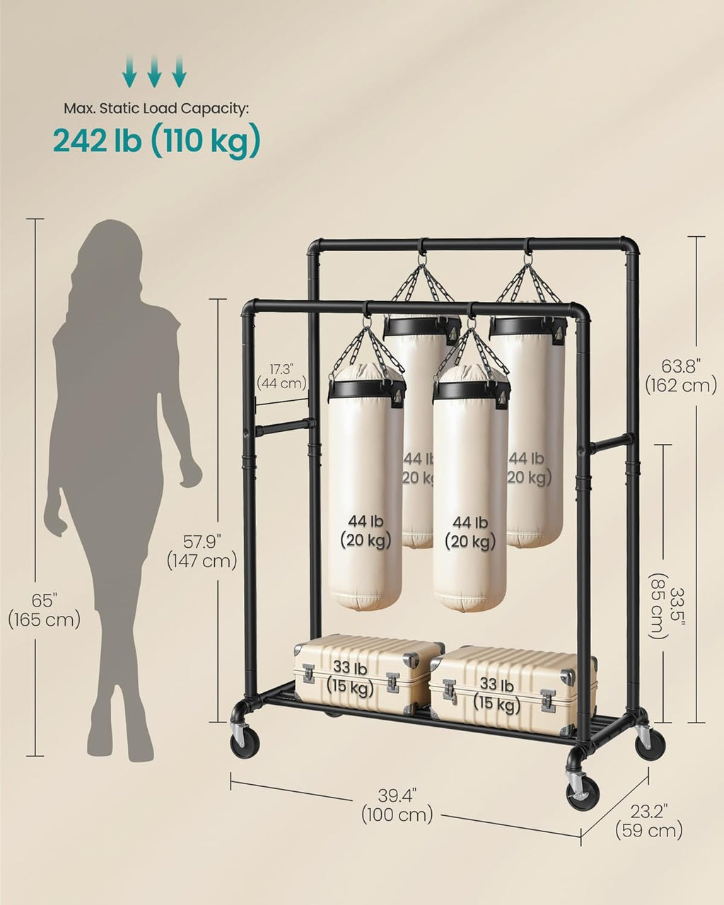 SONGMICS Heavy-Duty Clothes Rack, Double-Rod Clothing Rack for Hanging Clothes, Industrial Garment Rack on Wheels, Metal Frame, 2 Casters with Brakes, Commercial Display, Black UHSR60B