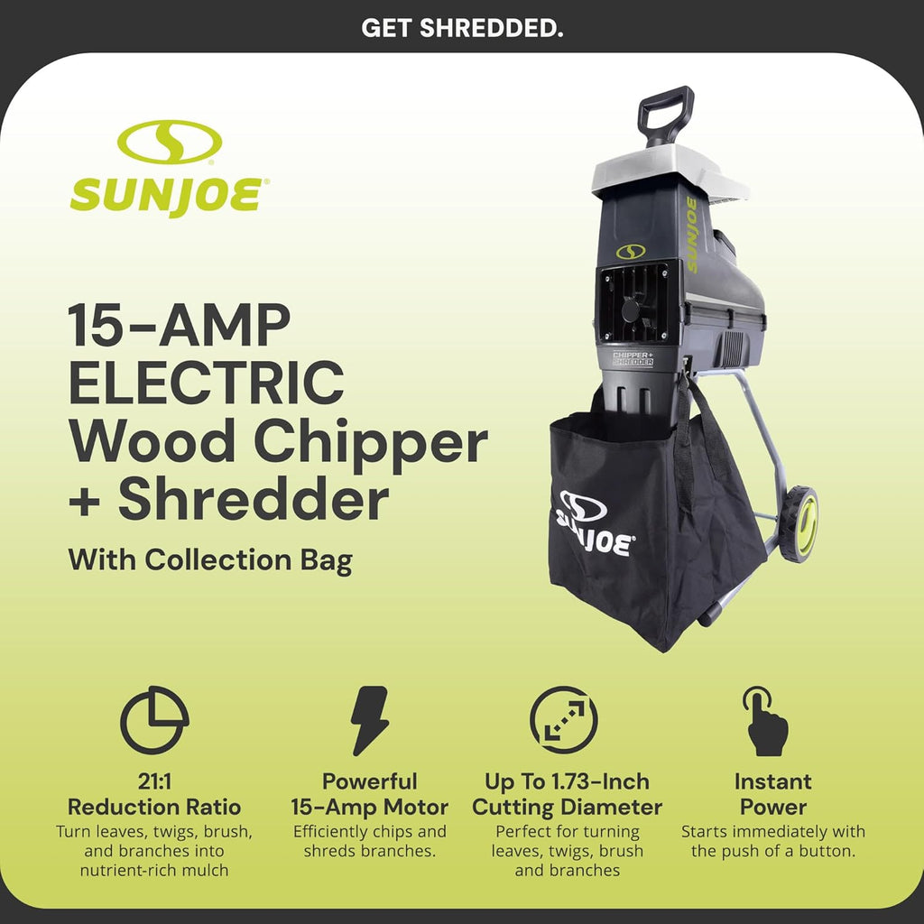 Su Jo Silen Woo Chippe Shredder 15-Am Corde Electri Yar Wast Shreddin Machin wit Collectio Bag 1. Inc Cuttin Diameter Black