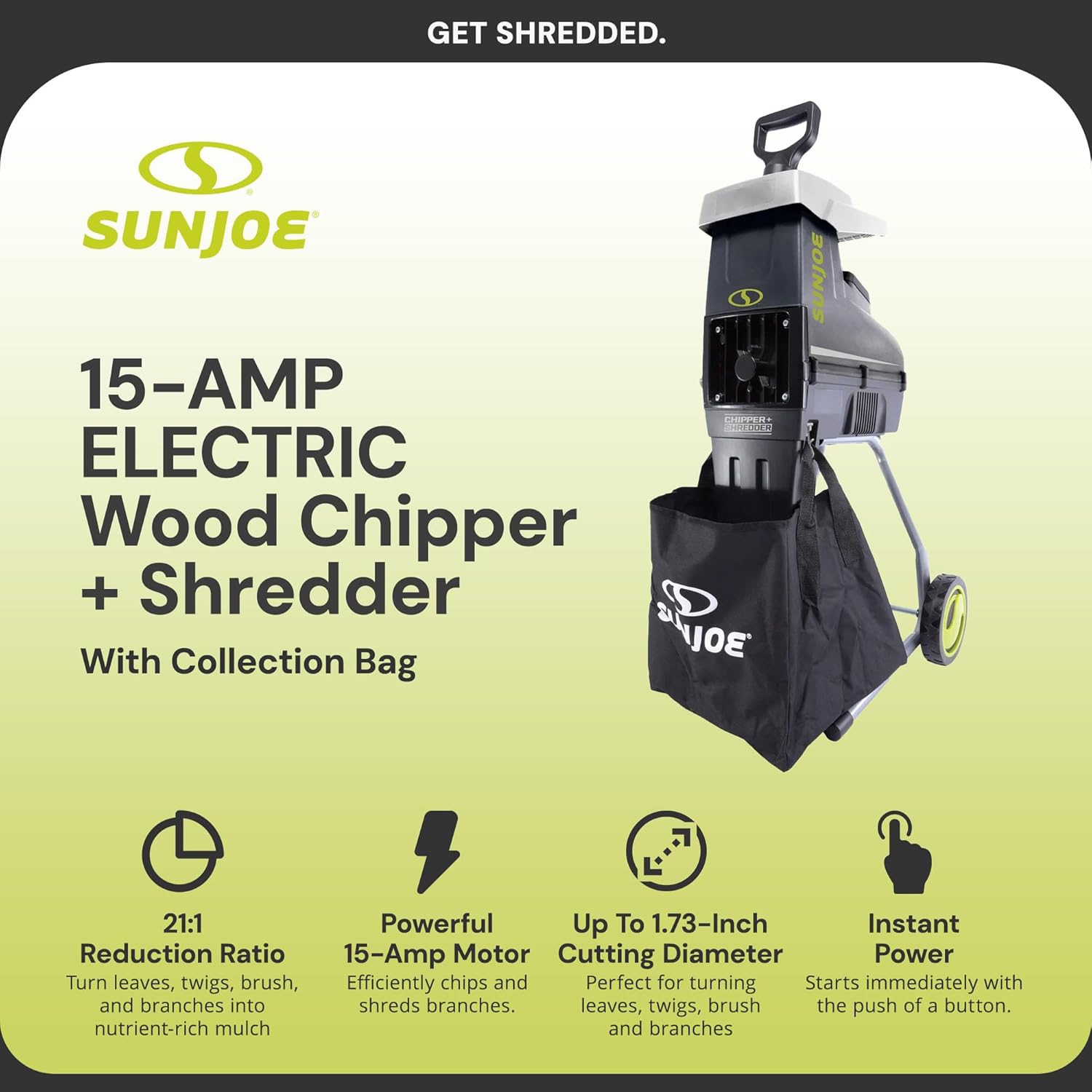 Su Jo Silen Woo Chippe Shredder 15-Am Corde Electri Yar Wast Shreddin Machin wit Collectio Bag 1. Inc Cuttin Diameter Black