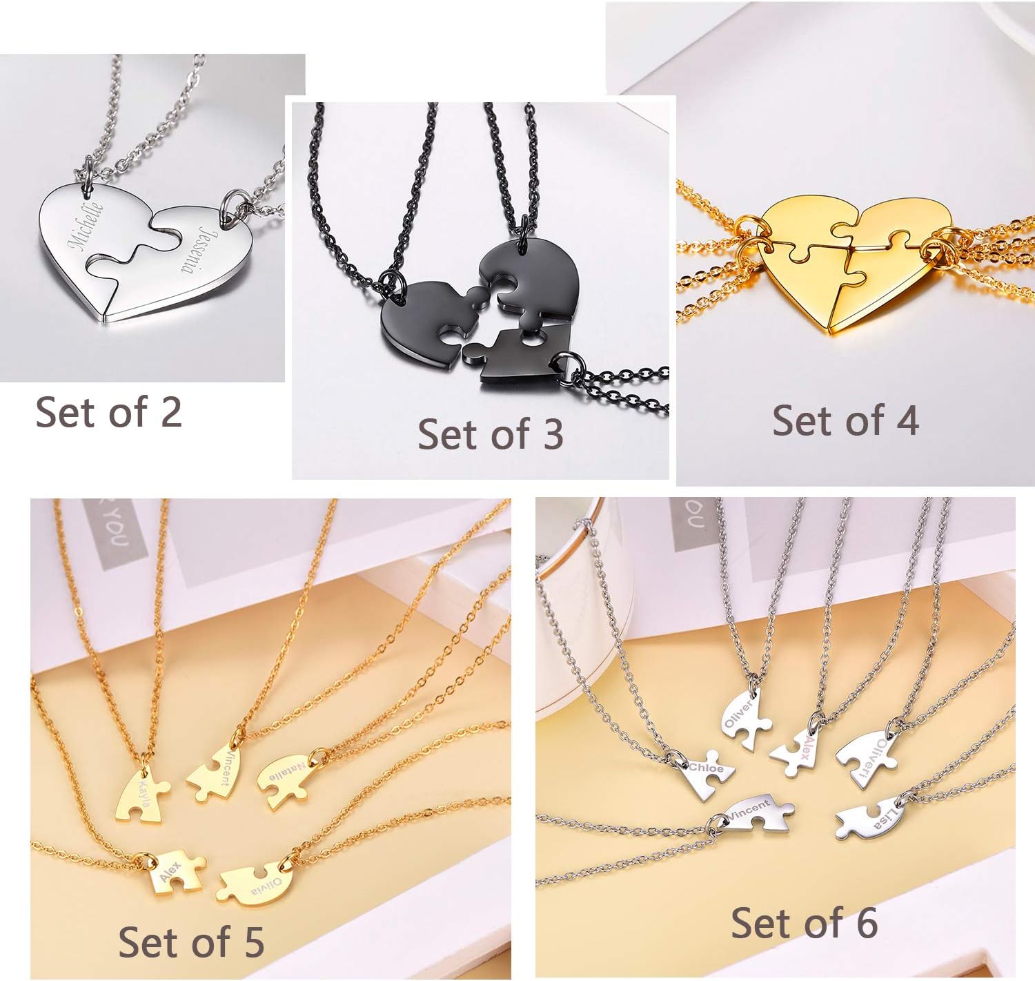 U7 BFF Necklace for 2/3/4/5/6 Women Girls Stainless Steel Personalized Family/Sibling/Friendship Jewelry Set Custom Best Friend Name Engrave Heart Puzzle Matching Pendant Necklaces